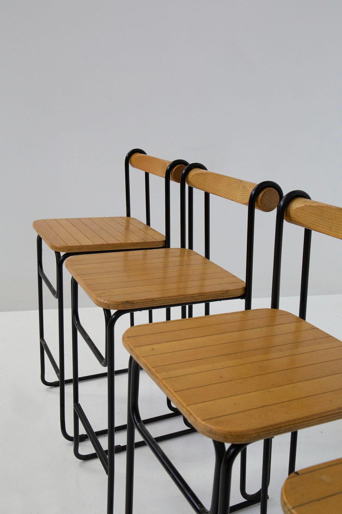 Geometric Italian Modern High Chairs Set of Four in Iron and Wood 5