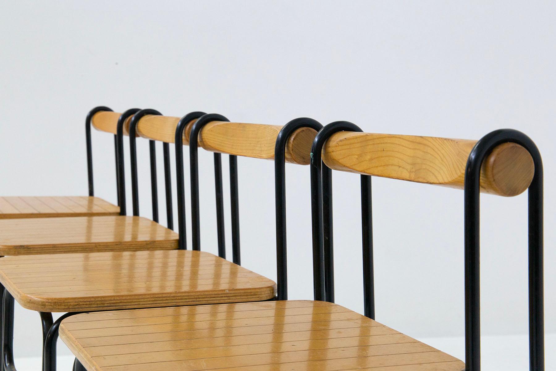 Geometric Italian Modern High Chairs Set of Four in Iron and Wood 6