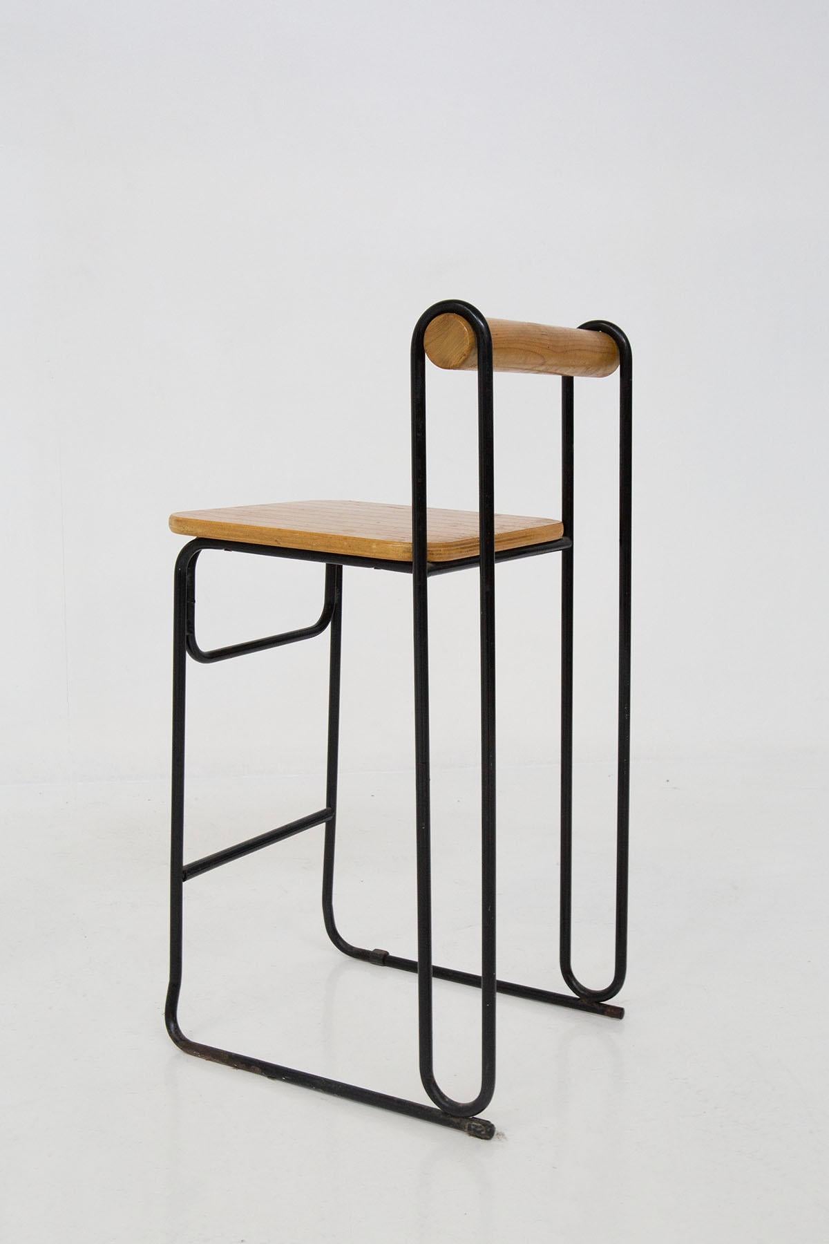 Geometric Italian Modern High Chairs Set of Four in Iron and Wood 7