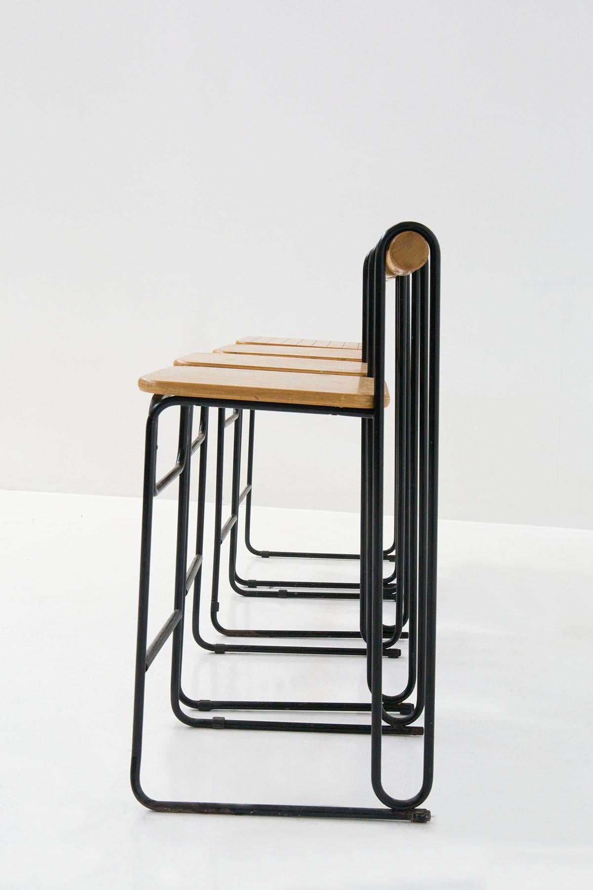 Geometric Italian Modern High Chairs Set of Four in Iron and Wood 8