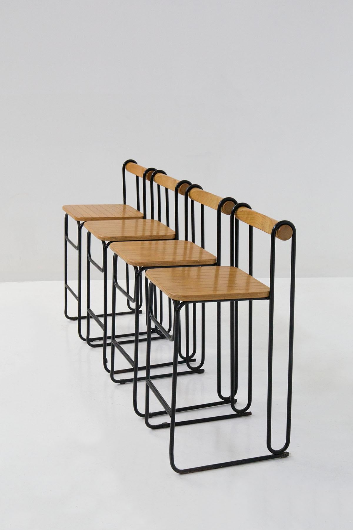 Post-Modern Geometric Italian Modern High Chairs Set of Four in Iron and Wood