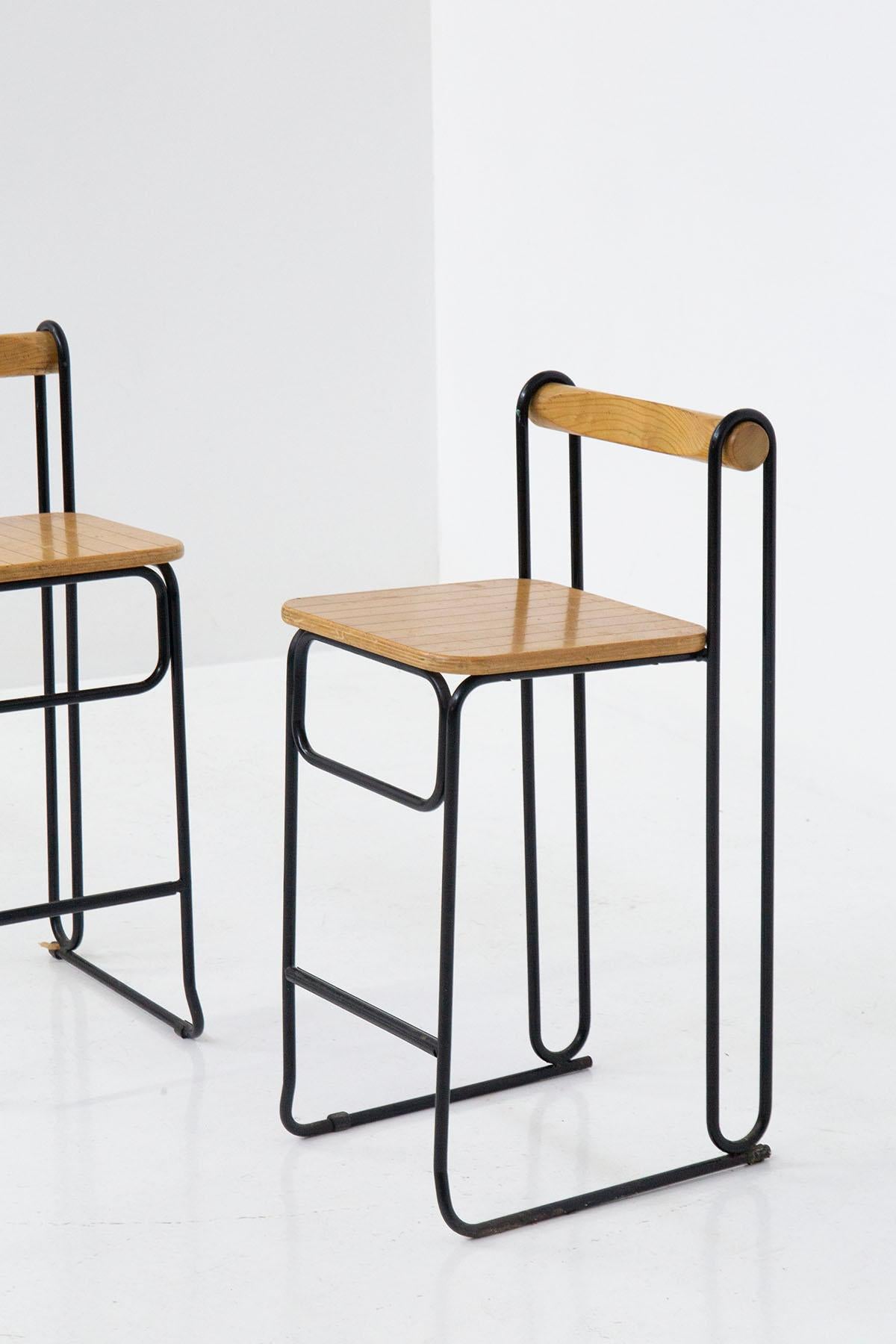 Late 20th Century Geometric Italian Modern High Chairs Set of Four in Iron and Wood