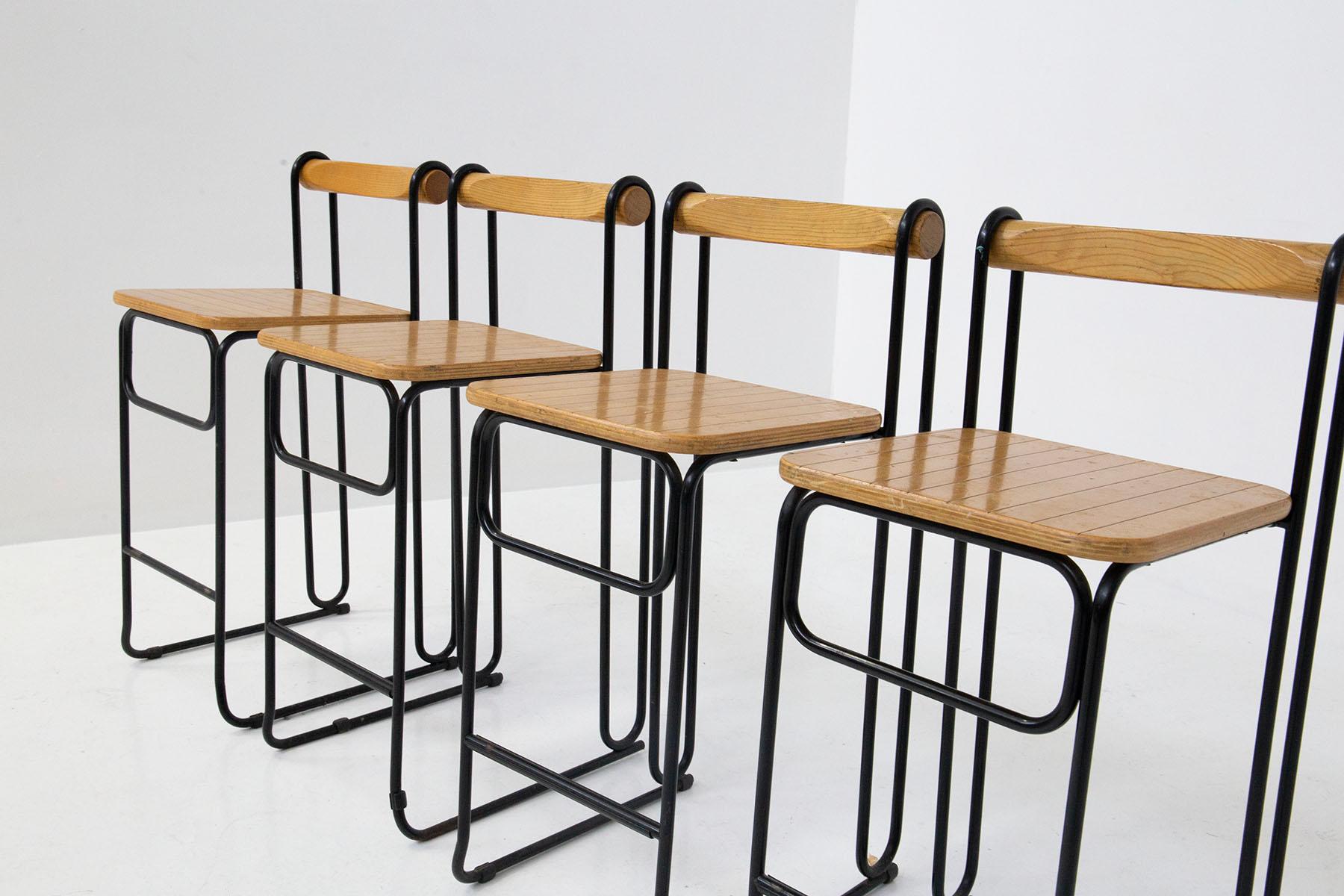 Geometric Italian Modern High Chairs Set of Four in Iron and Wood 3
