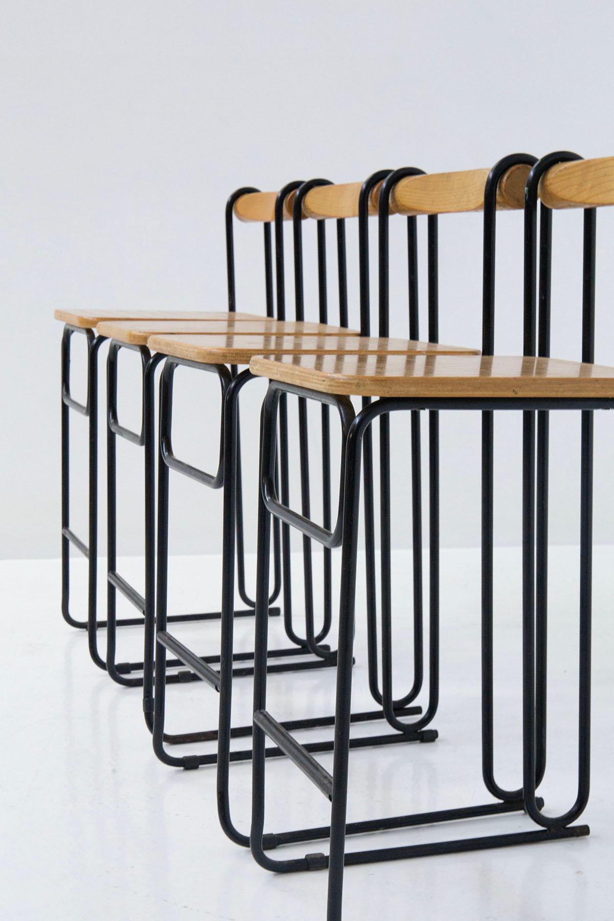 Geometric Italian Modern High Chairs Set of Four in Iron and Wood 4