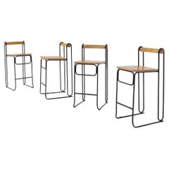Geometric Italian Modern High Chairs Set of Four in Iron and Wood