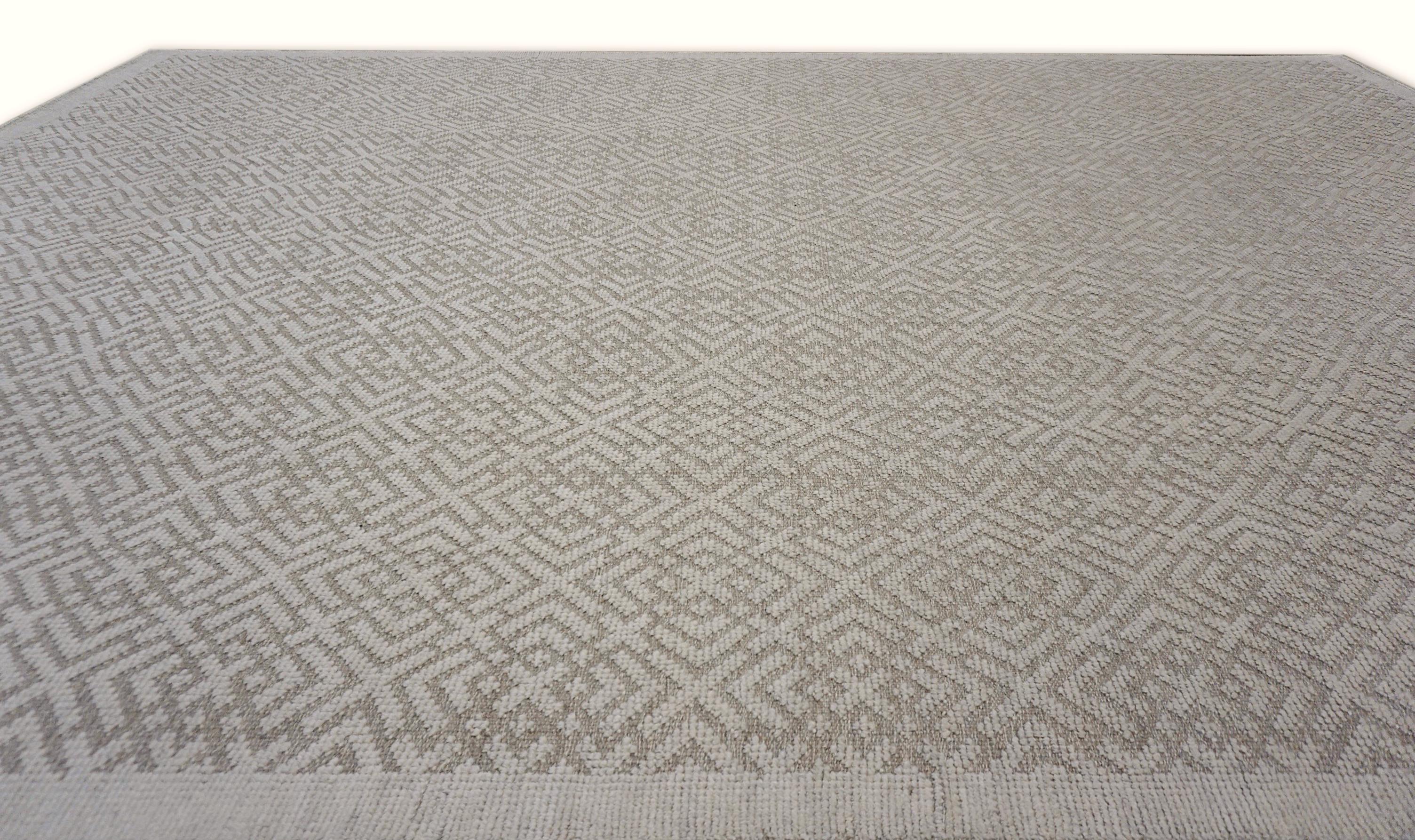 Alfombra geométrica de lana anudada a mano marfil y beige 9'10''x14' Asiático en venta