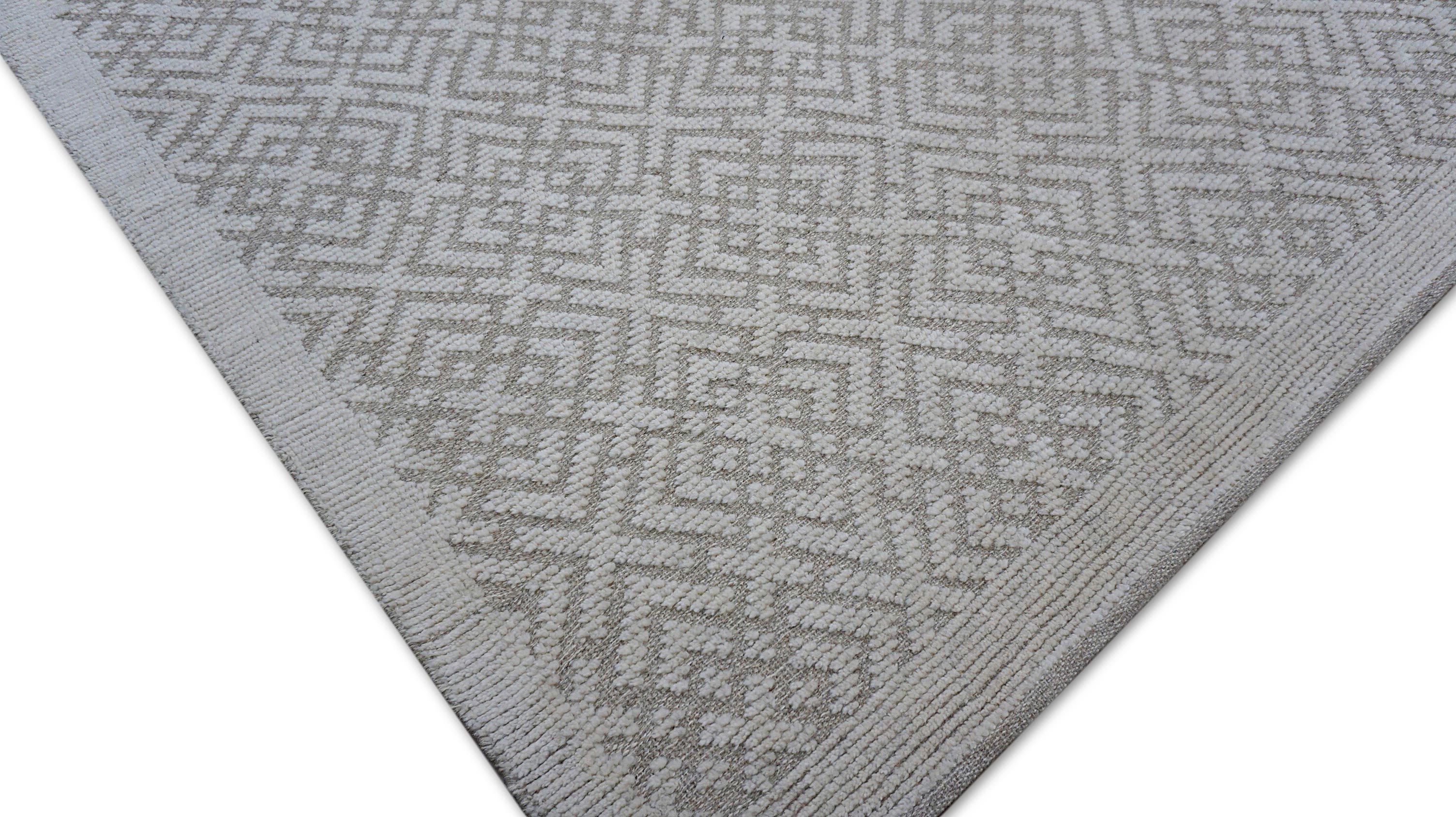 Alfombra geométrica de lana anudada a mano marfil y beige 9'10''x14' Siglo XXI y contemporáneo en venta