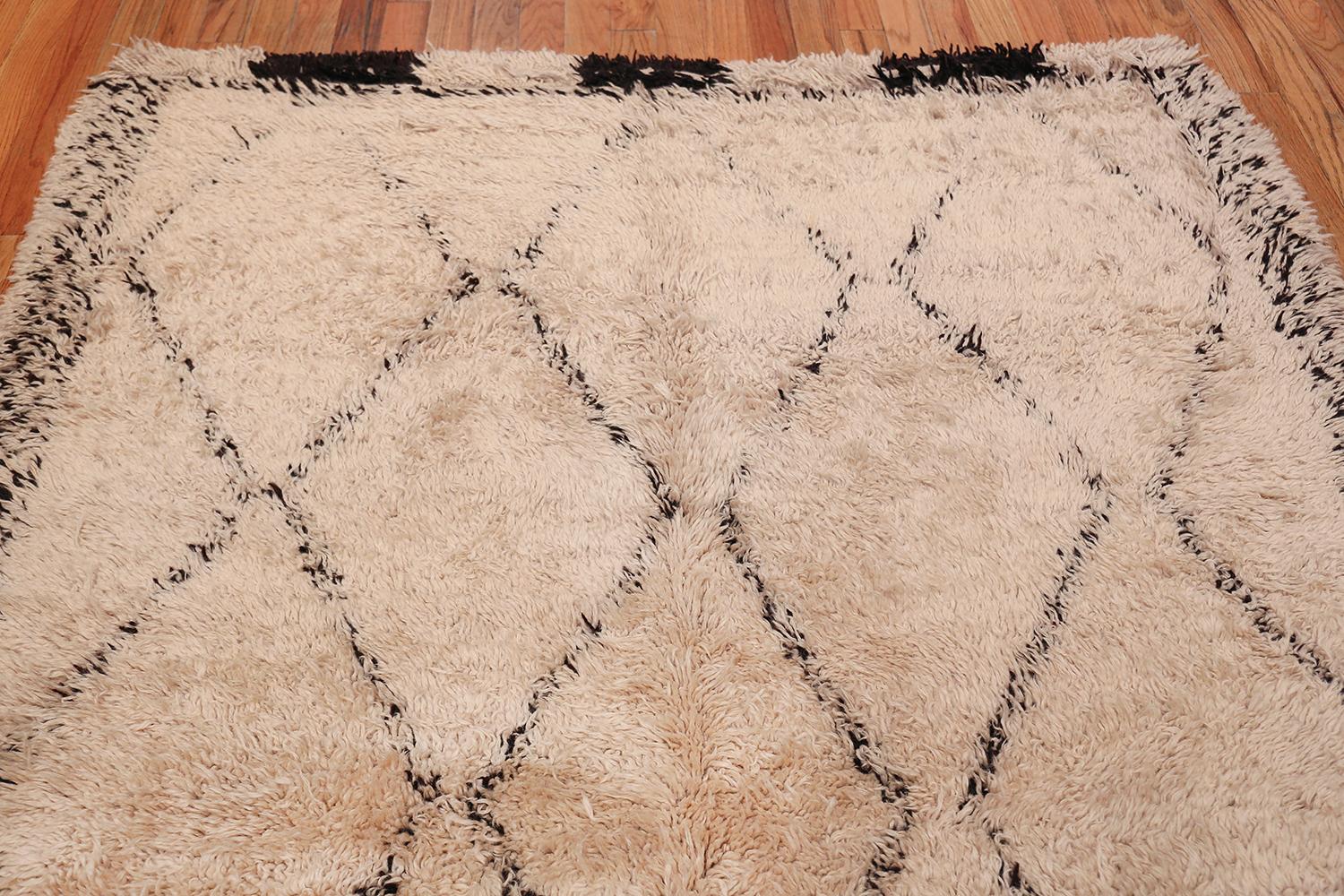 Hand-Knotted Vintage Ivory Shag Moroccan Beni Ourain Rug. Size: 6 ft 3 in x 12 ft 2 in