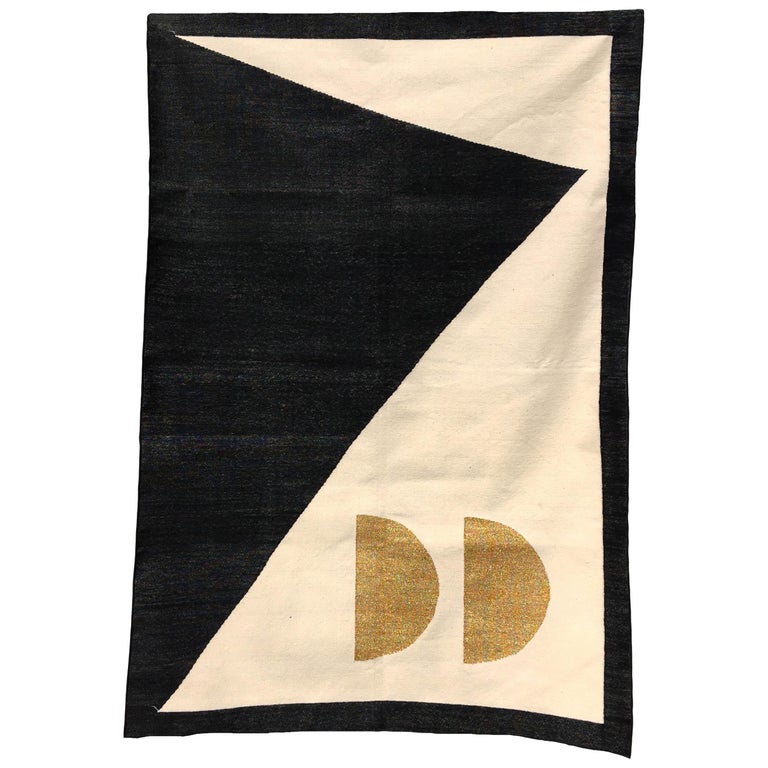 Geometric Jordan Handwoven Modern Black, White, Gold Cotton Rug, Carpet