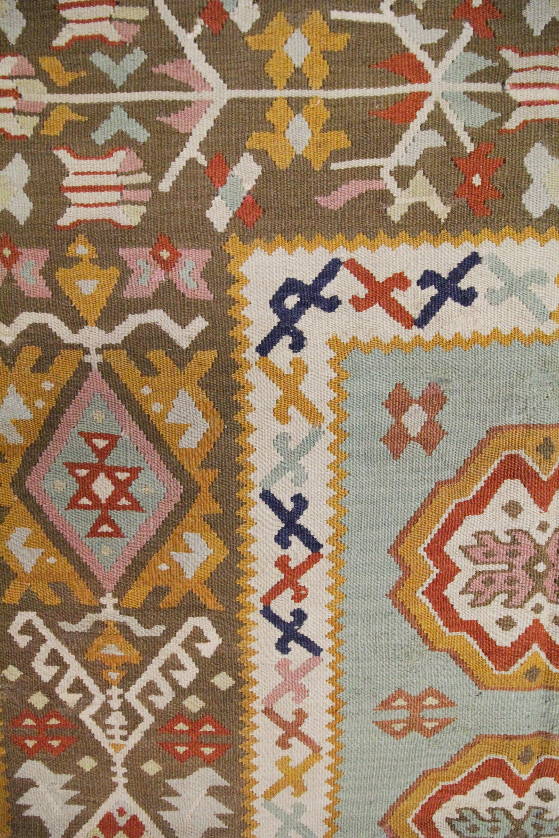 Geometric Kilim Antique Rug Turkish Pirot Handwoven Mustard Kilim Rug Interior In Excellent Condition For Sale In Wembley, GB