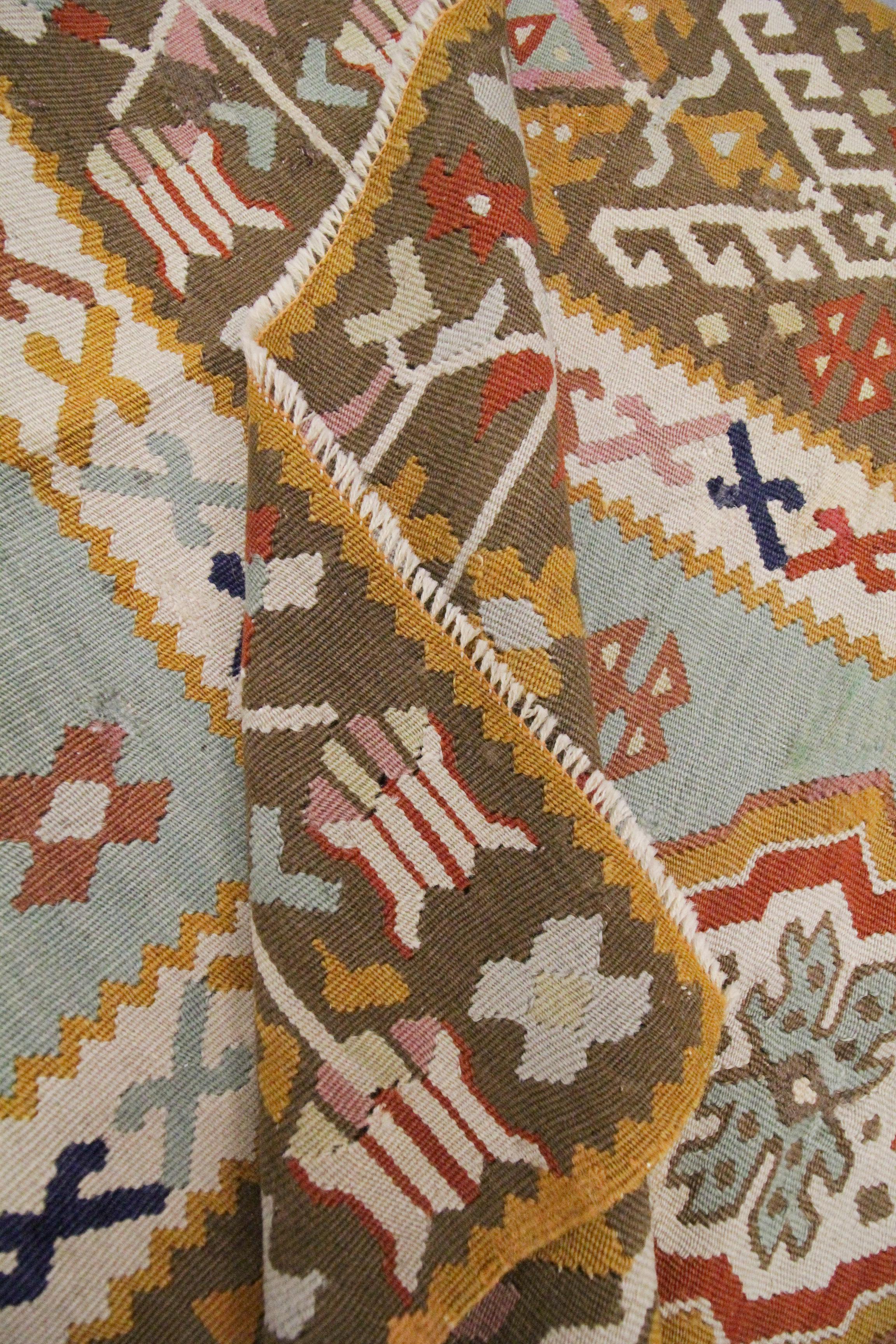 Wool Geometric Kilim Antique Rug Turkish Pirot Handwoven Mustard Kilim Rug Interior For Sale