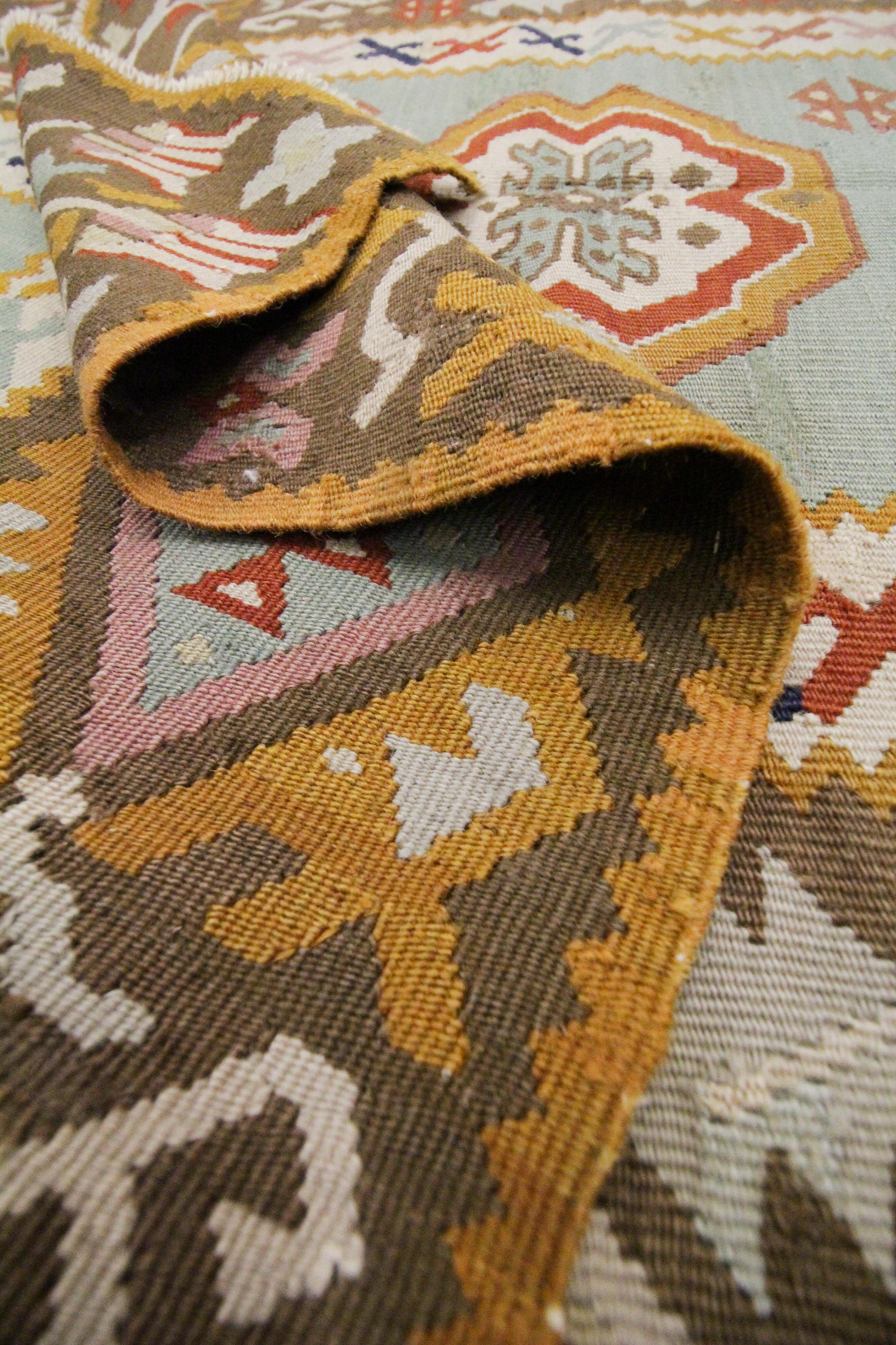 Geometric Kilim Antique Rug Turkish Pirot Handwoven Mustard Kilim Rug Interior For Sale 1