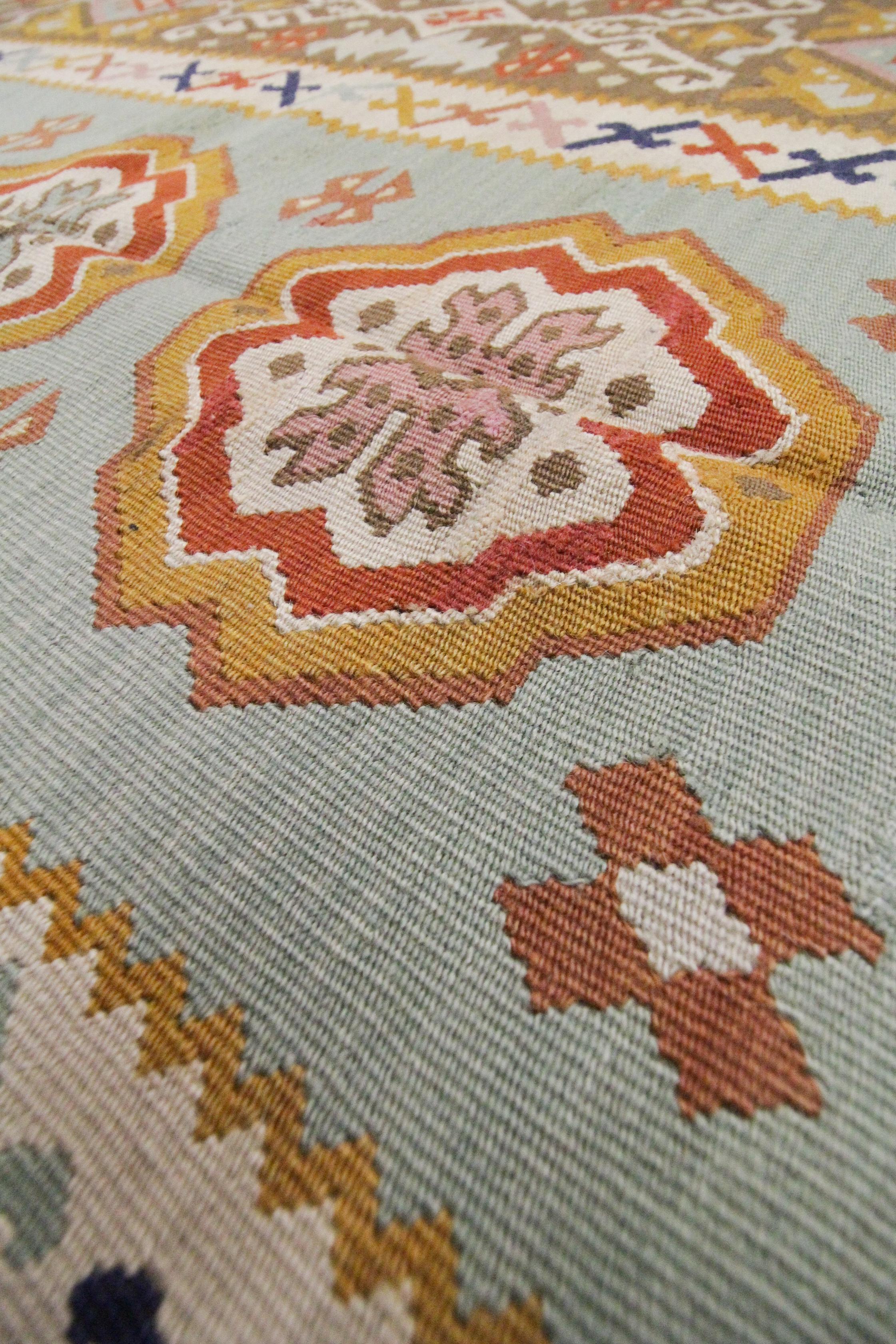 Geometric Kilim Antique Rug Turkish Pirot Handwoven Mustard Kilim Rug Interior For Sale 3