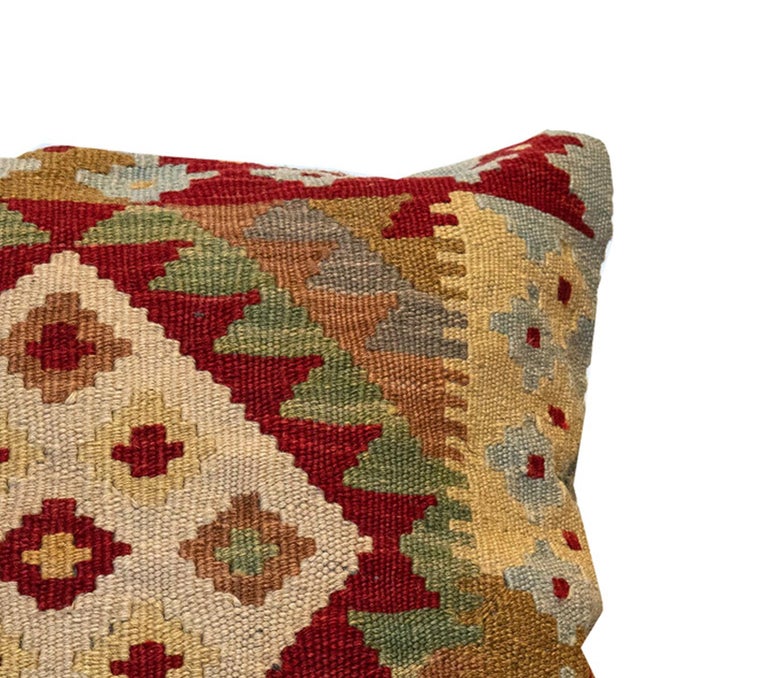 Afghan Geometric Kilim Cushion Cover Beige Red Wool Handmade Scatter Pillow For Sale