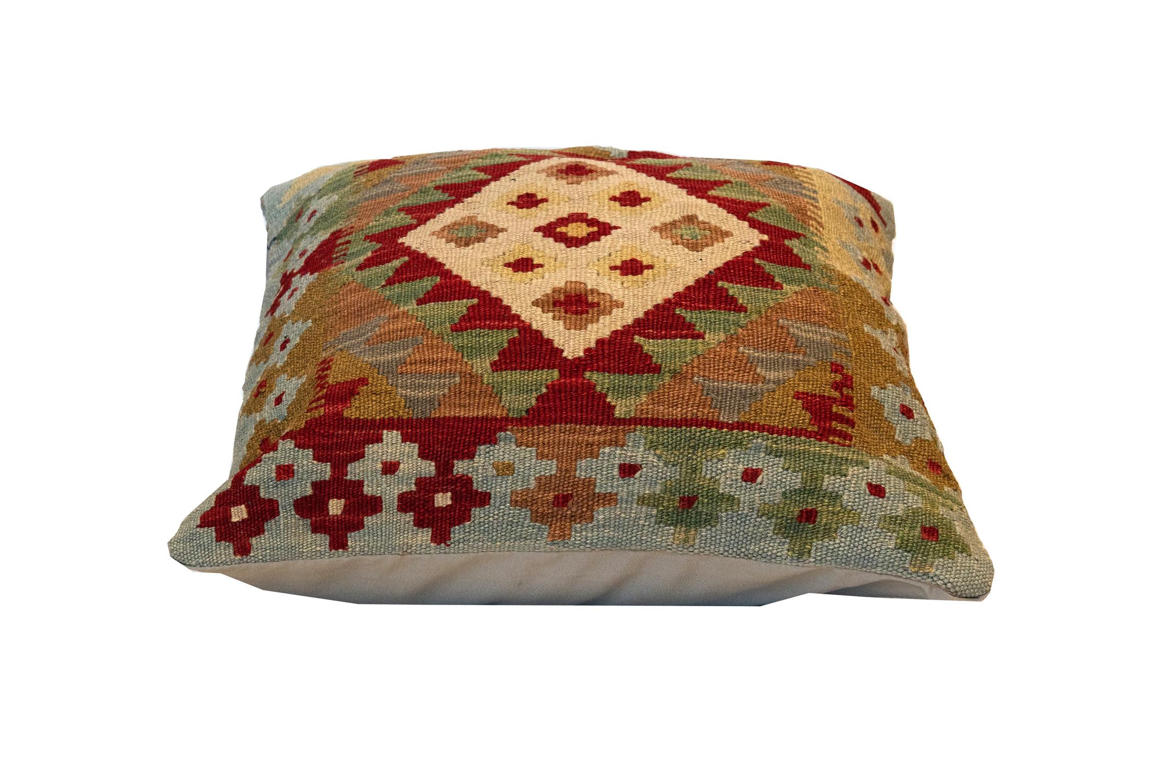 Geometric Kilim Cushion Cover Beige Red Wool Handmade Scatter Pillow 1