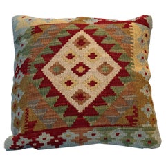 Vintage Geometric Kilim Cushion Cover Beige Red Wool Handmade Scatter Pillow
