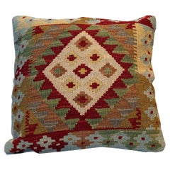 Geometric Kilim Cushion Cover Beige Red Wool Handmade Scatter Pillow