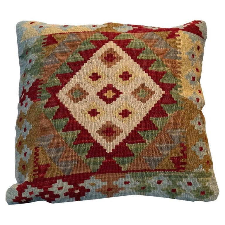 Geometric Kilim Cushion Cover Beige Red Wool Handmade Scatter Pillow For Sale