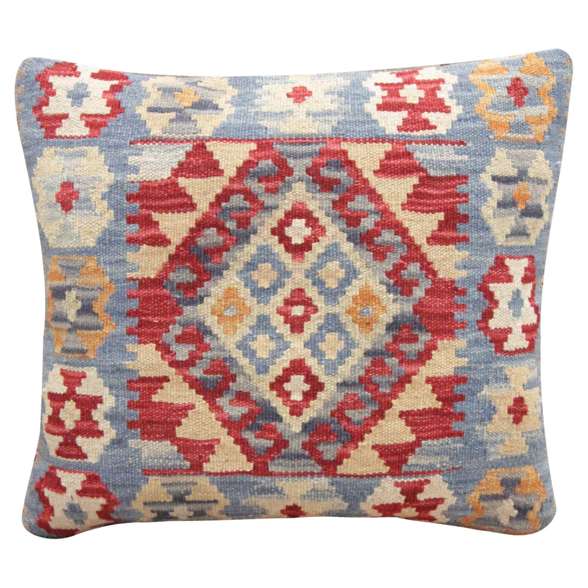 Coussin de coussin Kilim géométrique tissé à la main, bleu, rouge et écailles