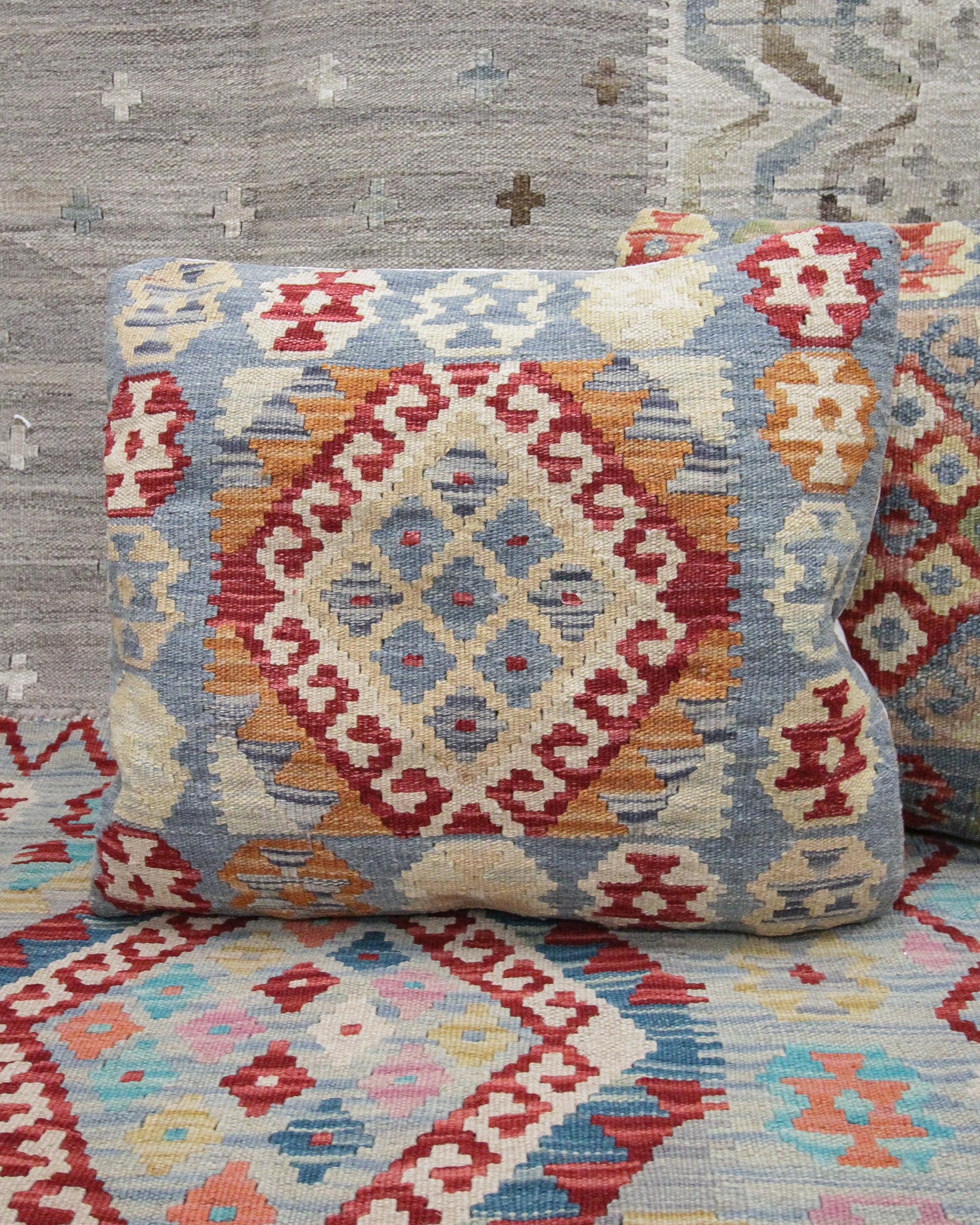 Afghan Geometric Kilim Cushion Cover Handwoven Blue Rust Scatter Cushion