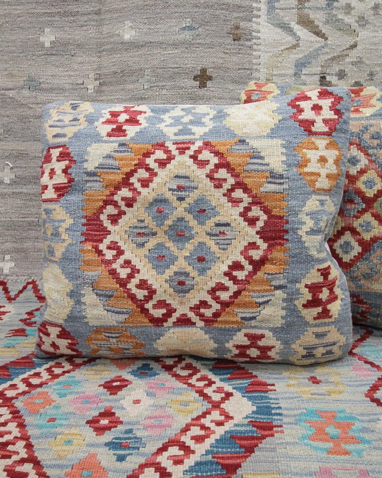 Woven Geometric Kilim Cushion Cover Handwoven Blue Rust Scatter Cushion