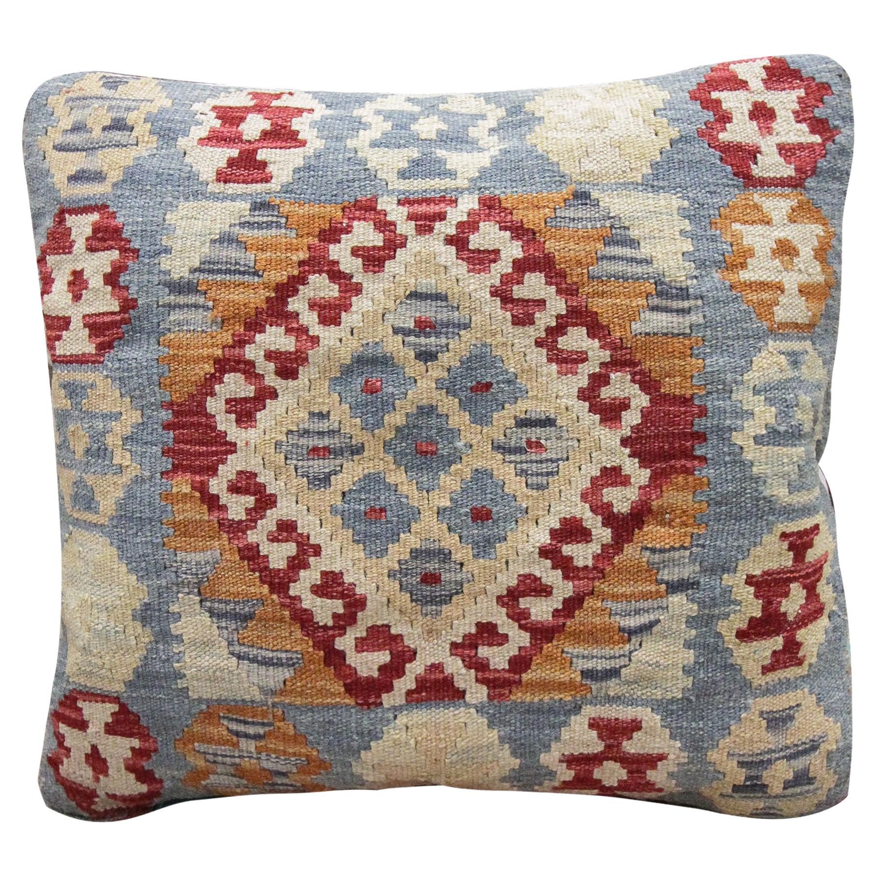 Geometric Kilim Cushion Cover Handwoven Blue Rust Scatter Cushion