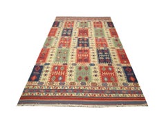 Geometric Kilim Rug Caucasian Design Cream Blue Wool Area Rug