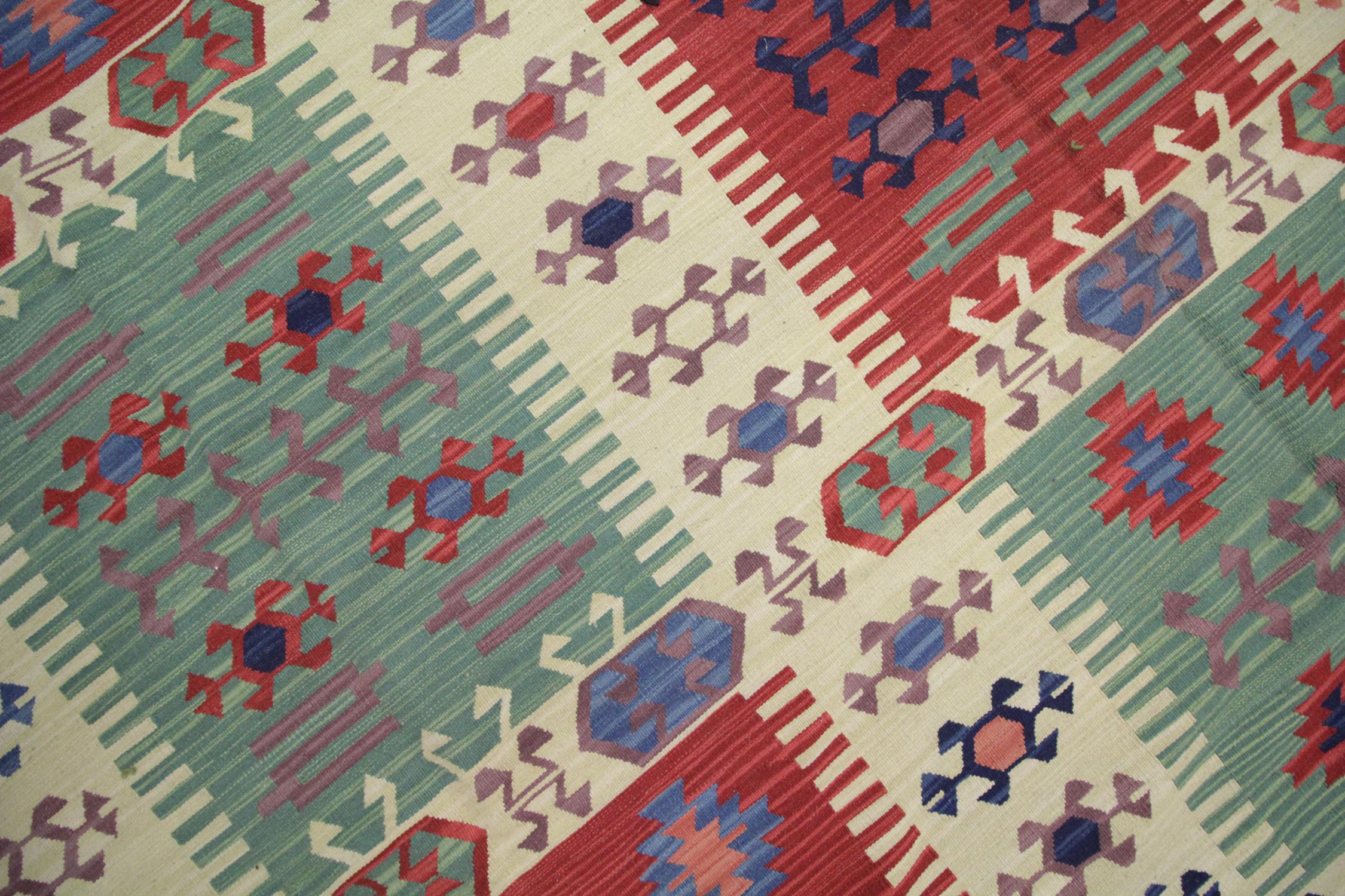 Afghan Geometric Kilim Rug Caucasian Design Cream Blue Wool Area Rug For Sale
