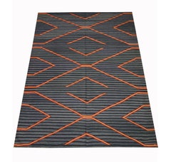 Geometric Kilim Rug Modern Striped Carpet Blue Flatwoven Wool Area Rug