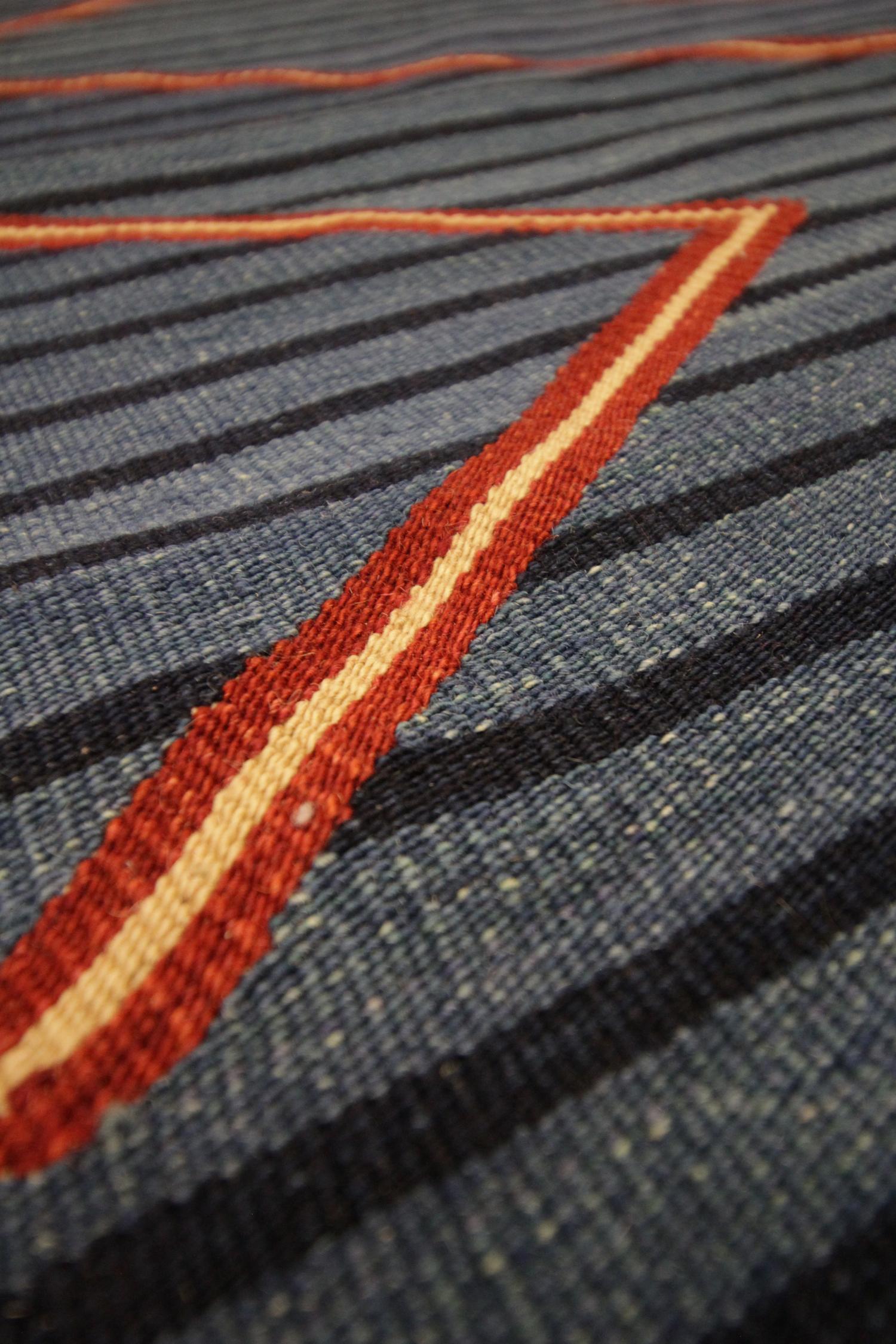 Tribal Geometric Kilim Rug Modern Striped Carpet Blue Flatwoven Wool Area Rug