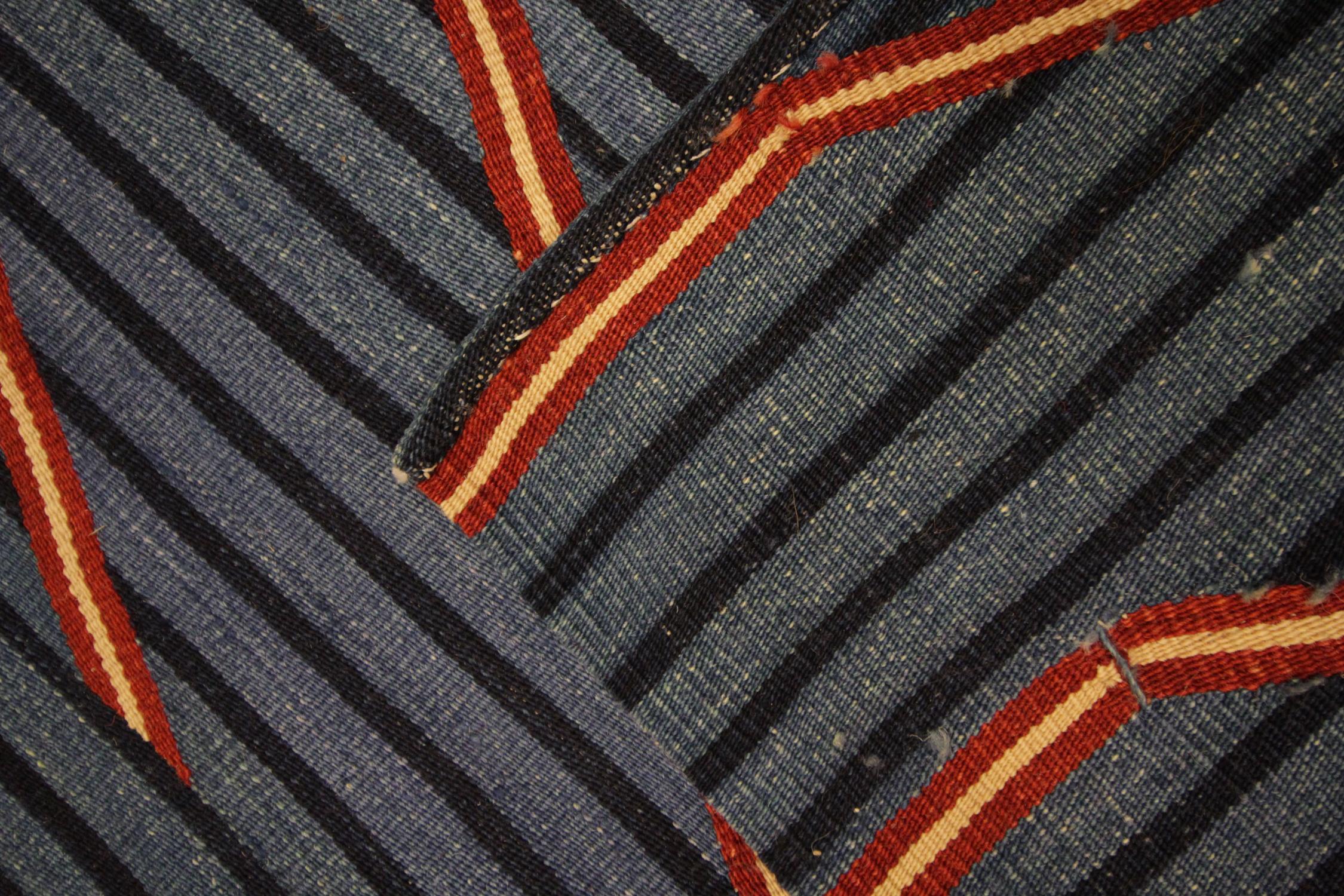 Chinese Geometric Kilim Rug Modern Striped Carpet Blue Flatwoven Wool Area Rug