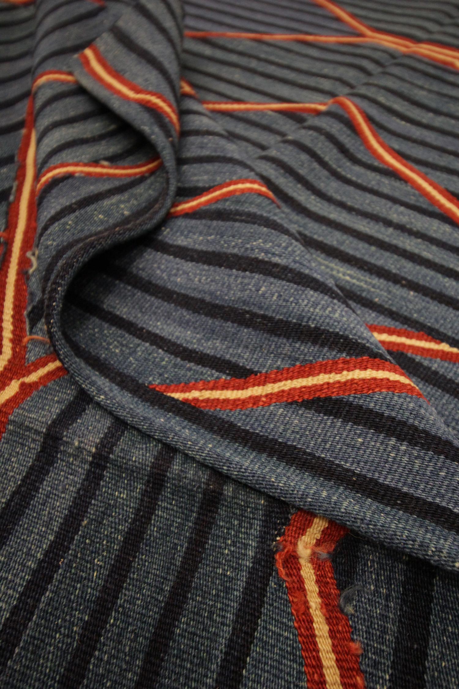 Woven Geometric Kilim Rug Modern Striped Carpet Blue Flatwoven Wool Area Rug