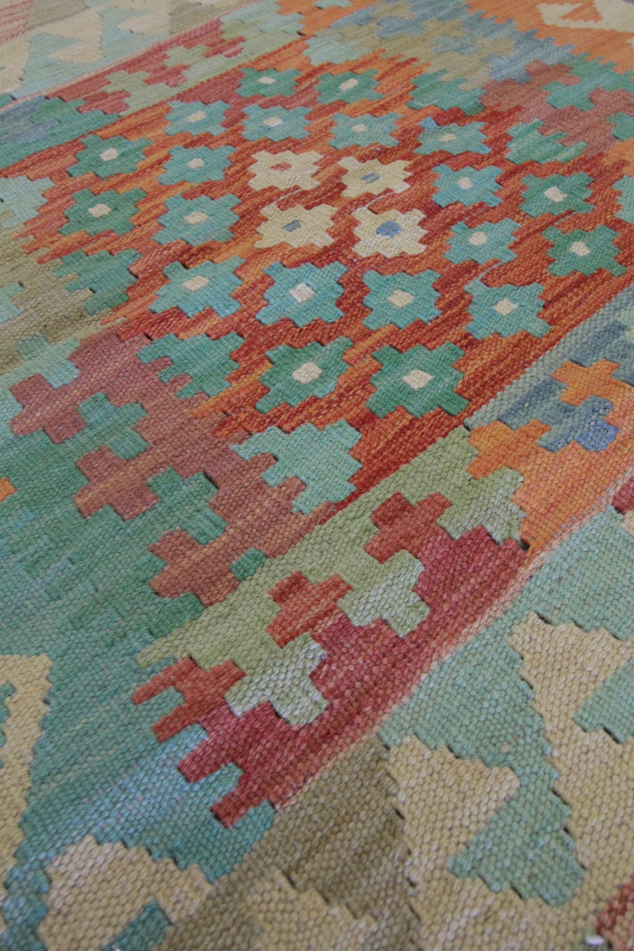 Afghan Geometric Kilim Rug Traditional Carpet Small Green Rust Wool Rug