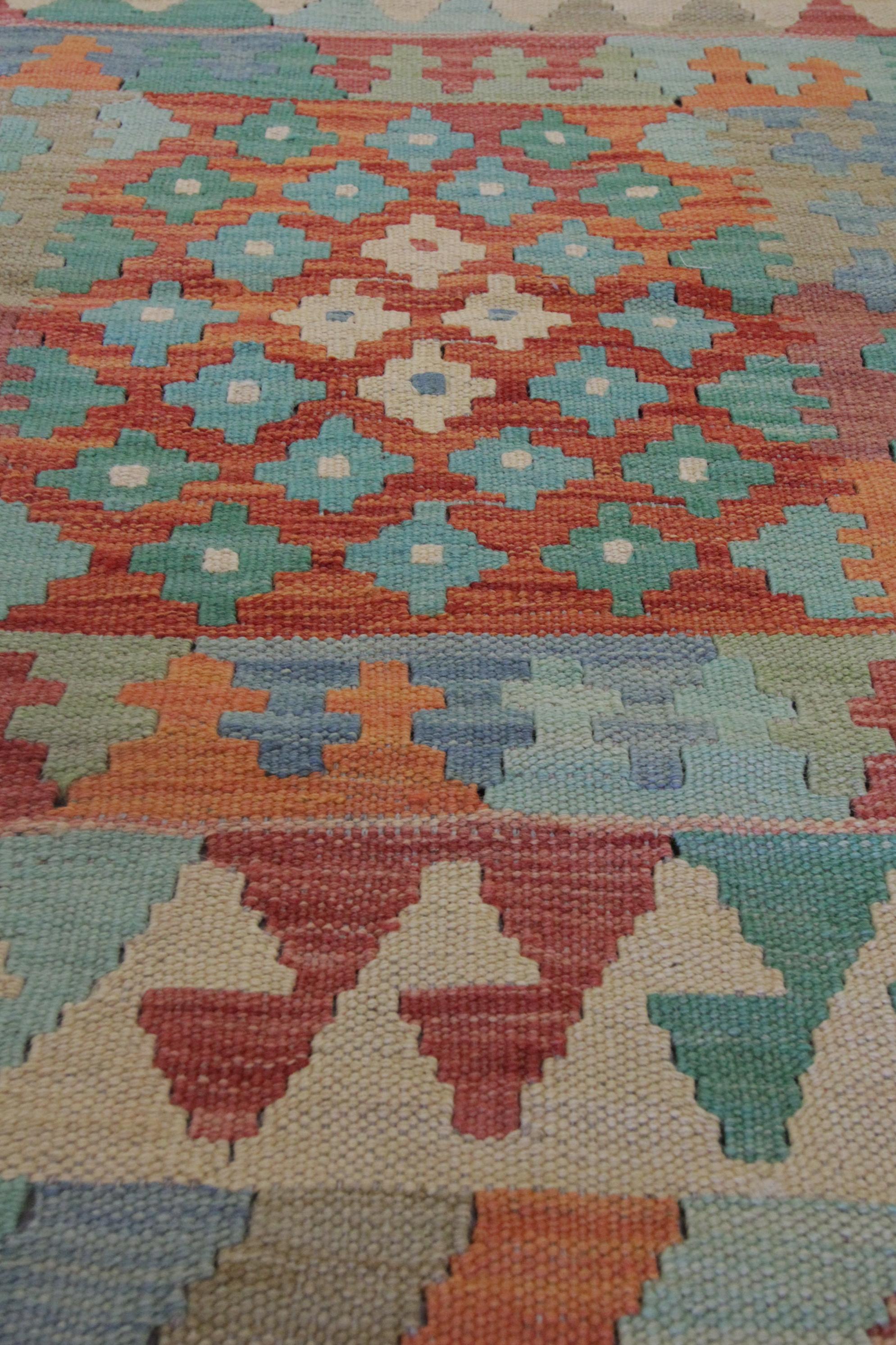 Hand-Knotted Geometric Kilim Rug Traditional Carpet Small Green Rust Wool Rug