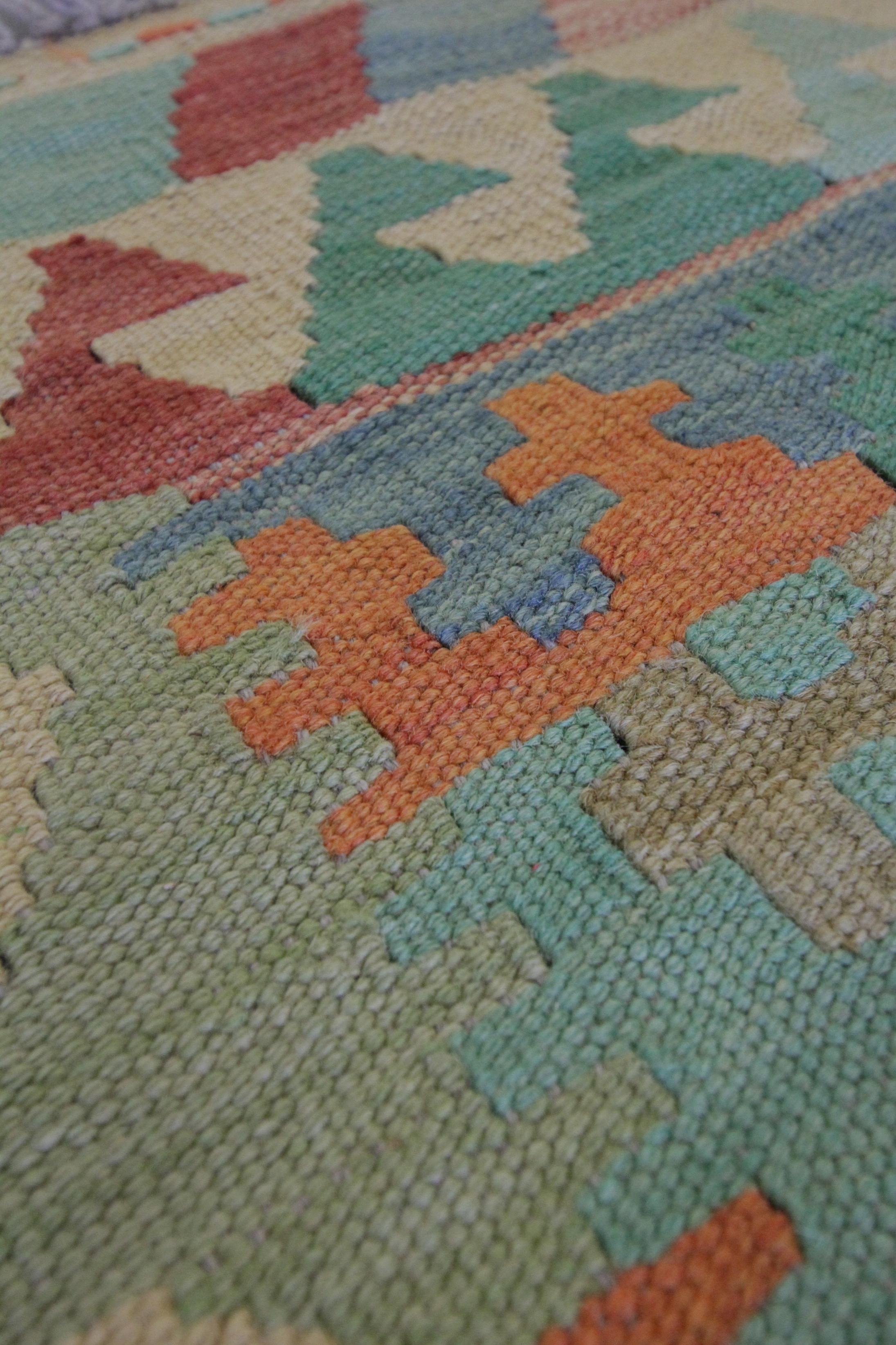Contemporary Geometric Kilim Rug Traditional Carpet Small Green Rust Wool Rug