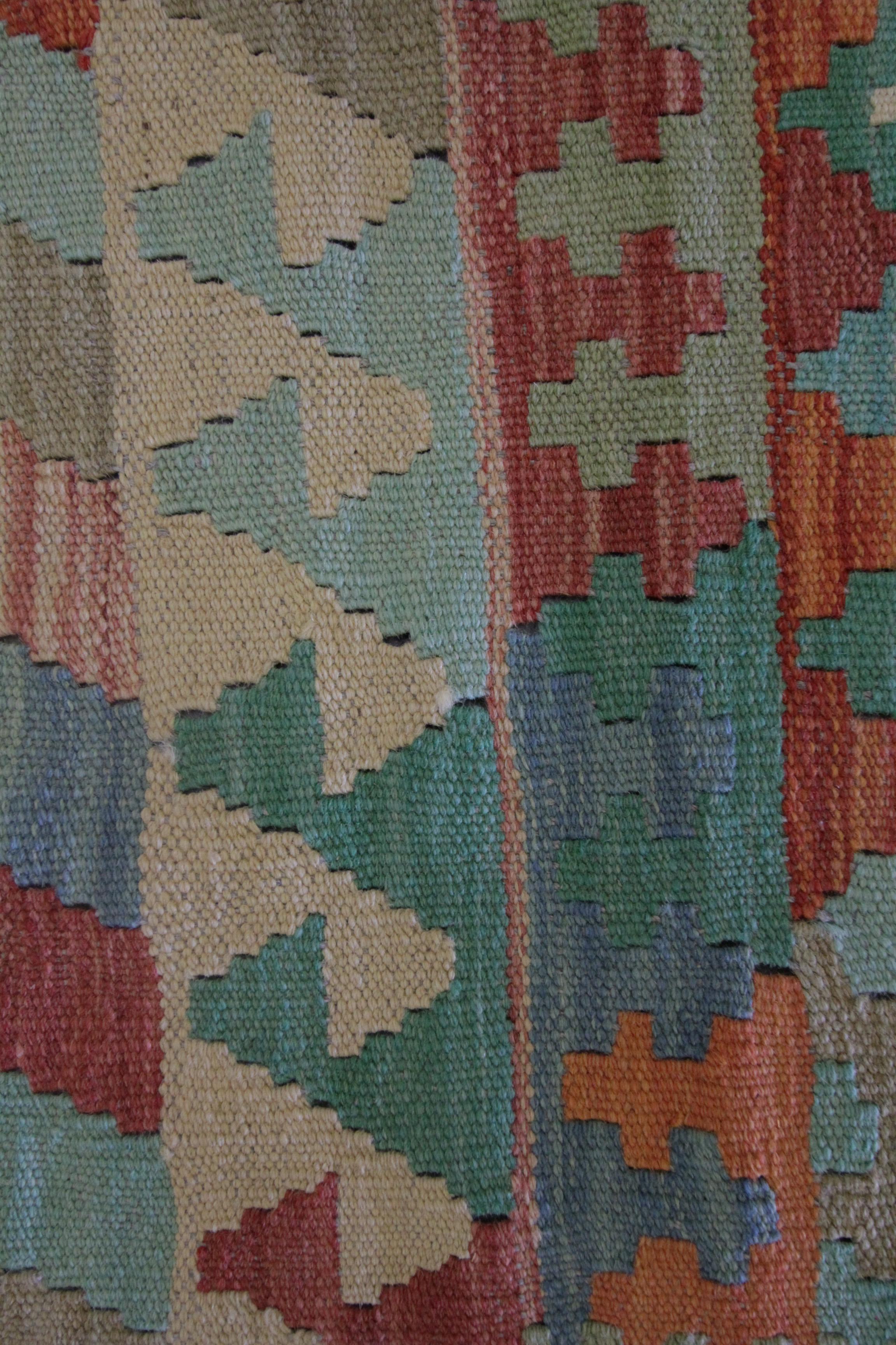 Geometric Kilim Rug Traditional Carpet Small Green Rust Wool Rug 1