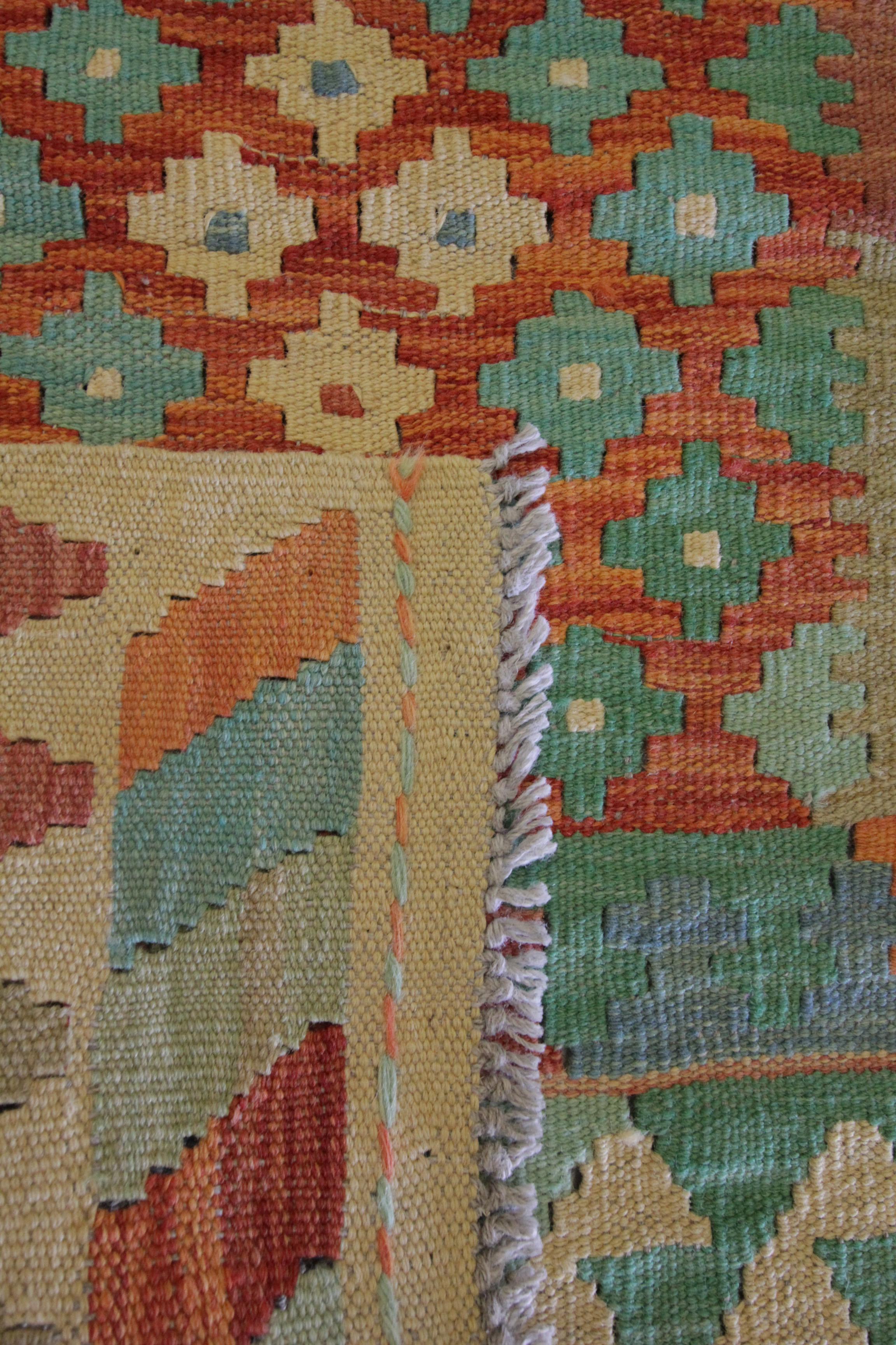 Geometric Kilim Rug Traditional Carpet Small Green Rust Wool Rug 2