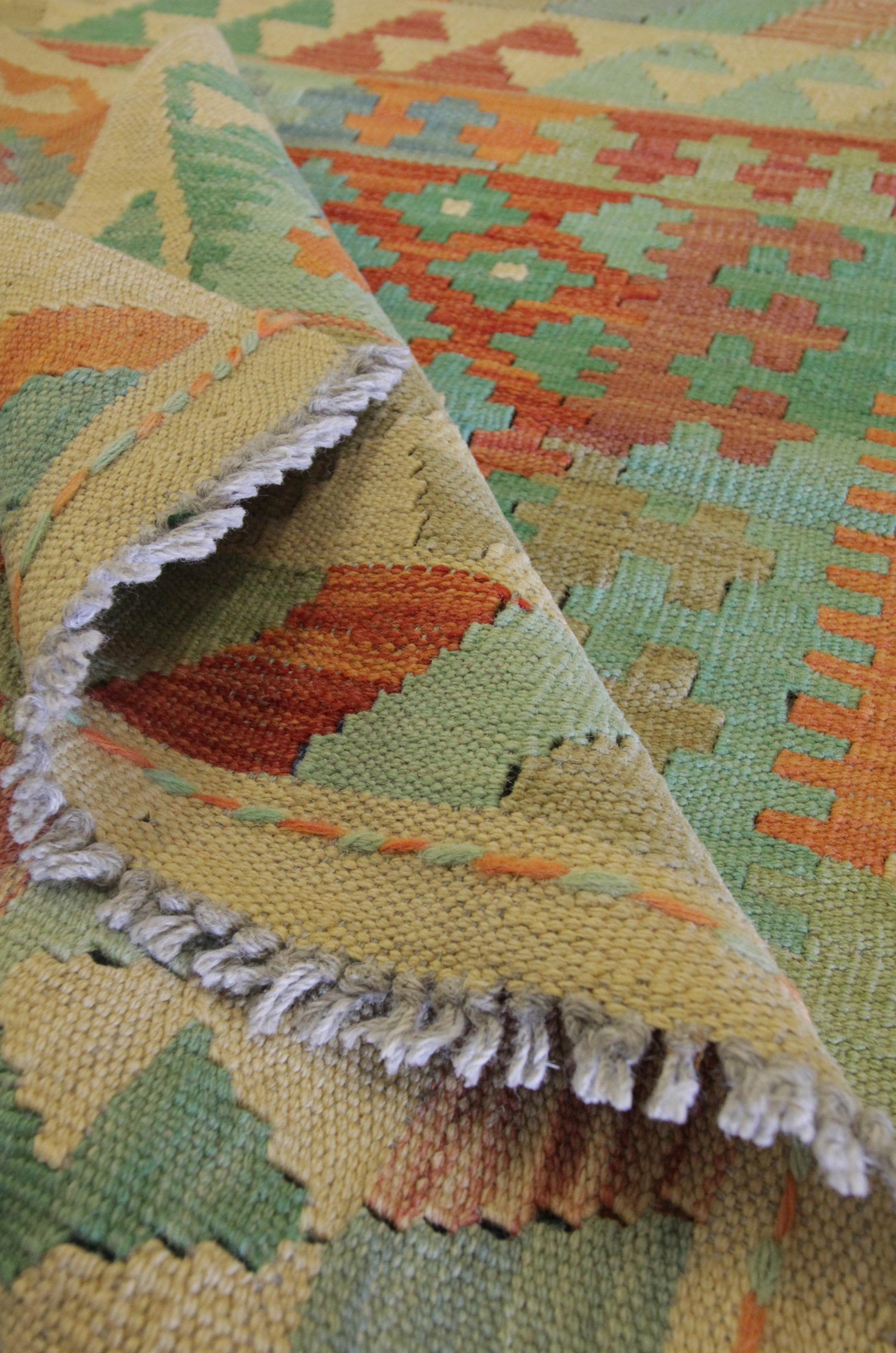 Geometric Kilim Rug Traditional Carpet Small Green Rust Wool Rug 3