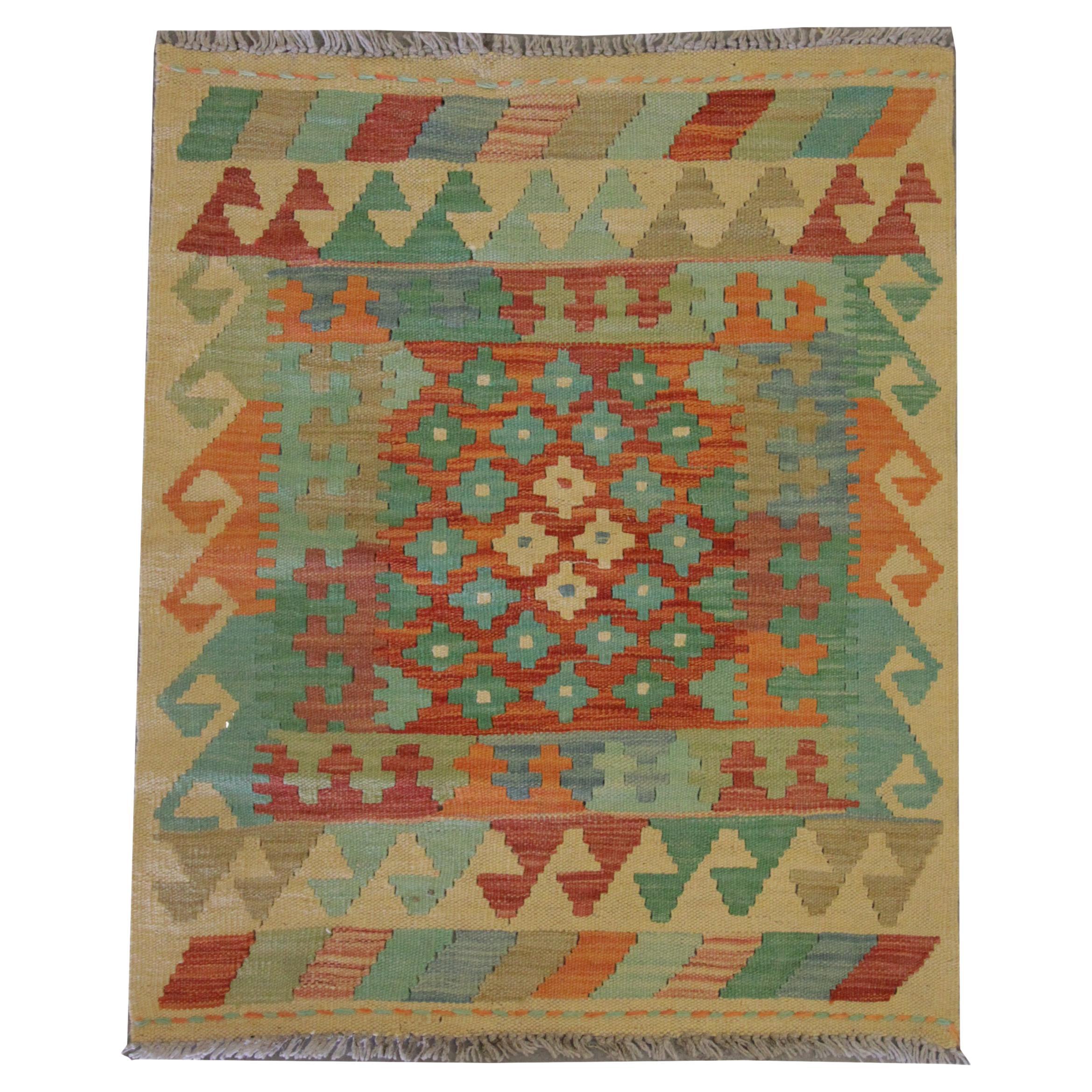 Geometric Kilim Rug Traditional Carpet Small Green Rust Wool Rug