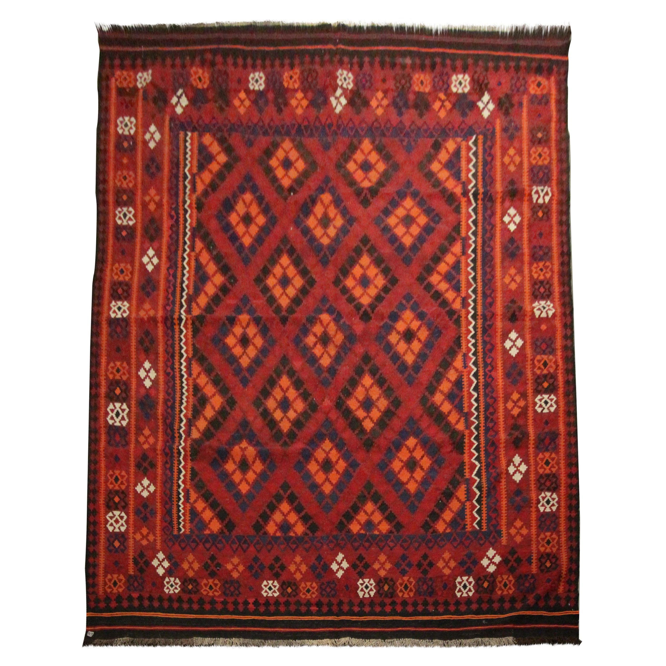 Tapis Kilim géométriques traditionnel tissé à la main en laine bleue et rouge