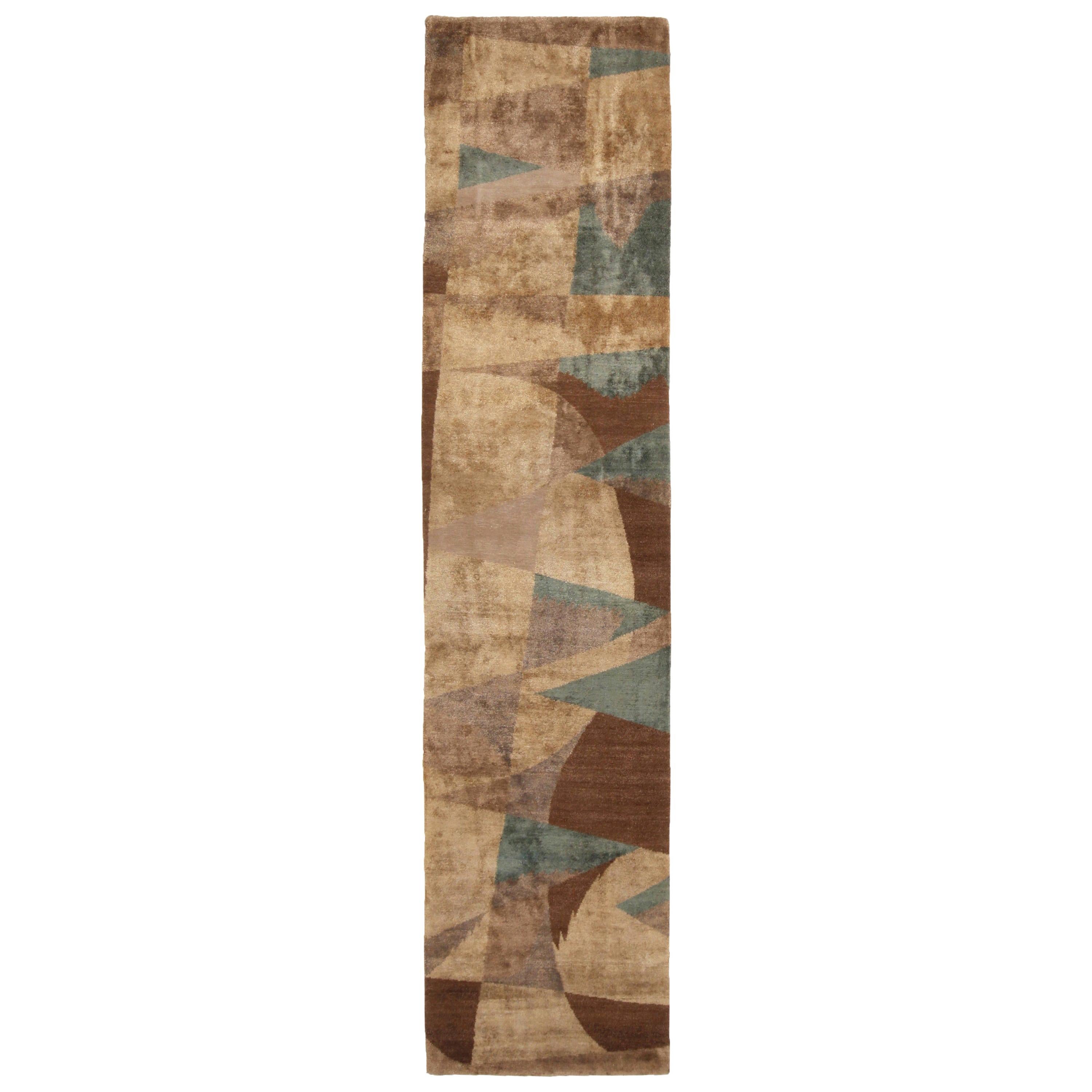 Rug & Kilim's Geometric King Lear Blue and Beige Wool-Silk Runner