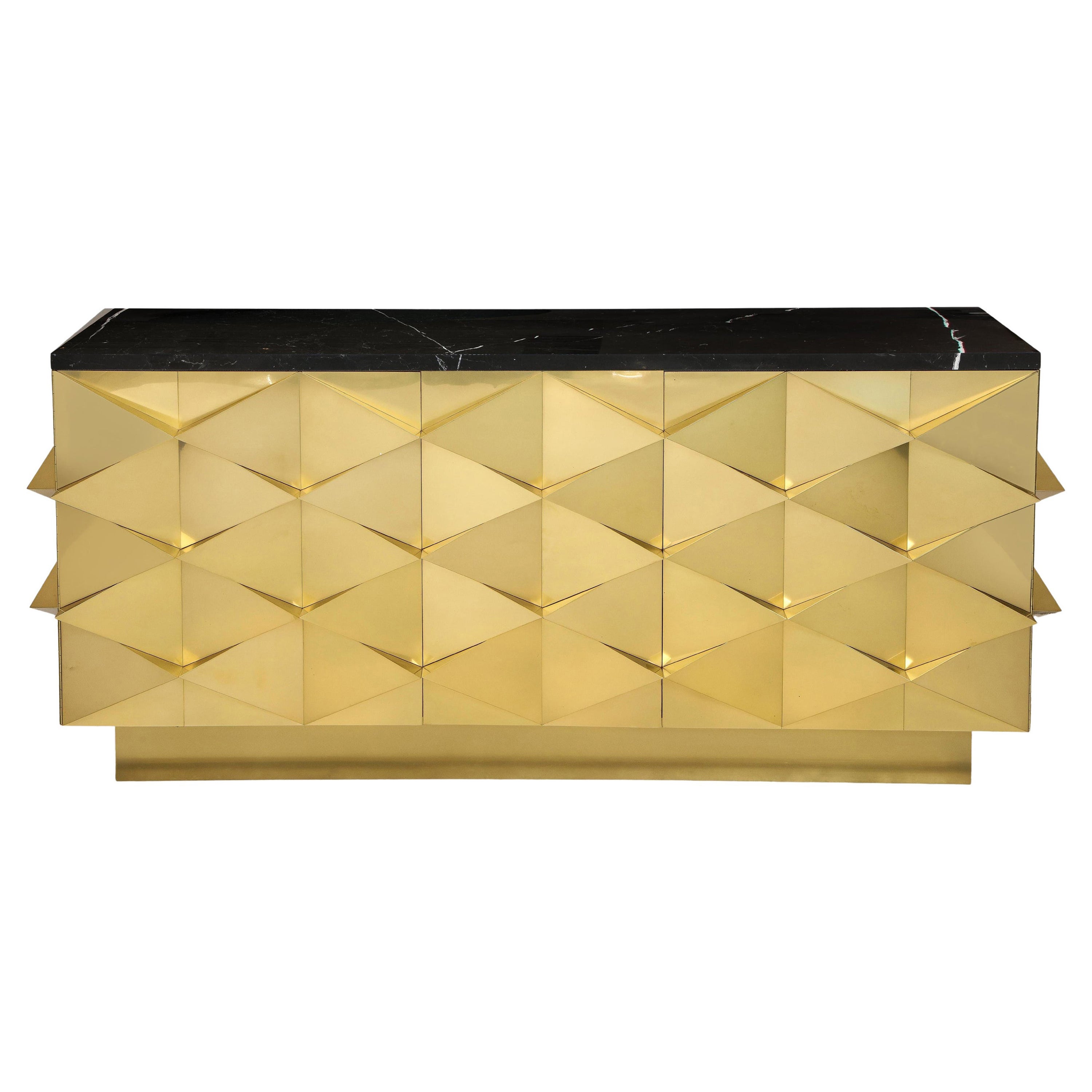 Geometric Lacquered Brass and Black Marquina Marble Top Sideboard, Italy