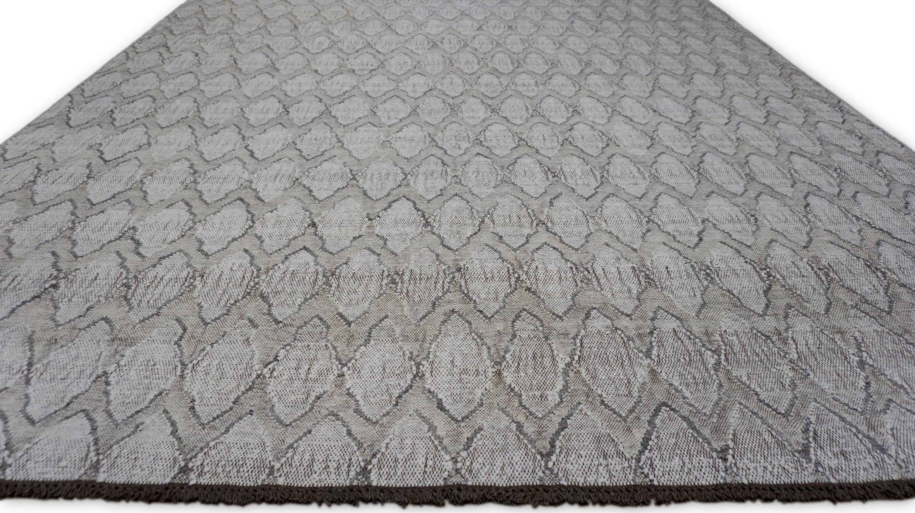 Modern Geometric Lattice Designed Wool Tan Ivory Grey Wool Kilim 10'x14' For Sale