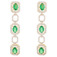 Geometric Link Dangle Earrings in 18k Solid Yellow Gold with Emerald & Diamond
