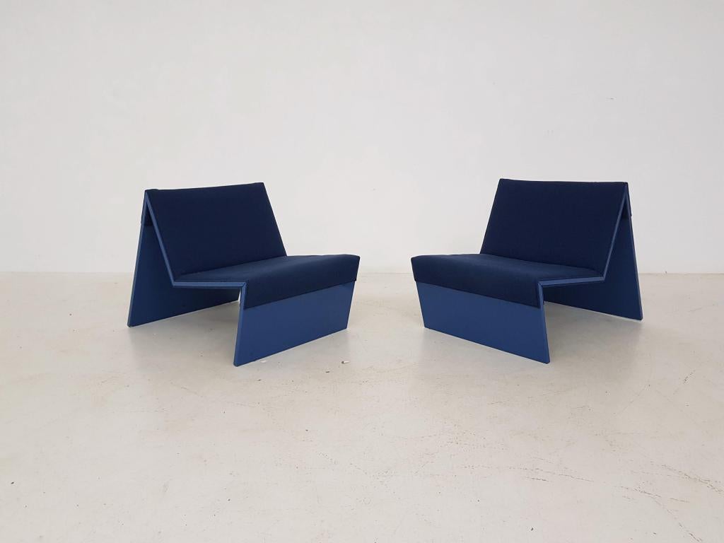 Pair of geometric lounge chairs by Hans Ebbing and Ton Haas for Pastoe, produced by 't Spectrum the Netherlands.

Ebbing and Haas graduated in 1981 at the Academy for Arts Arnhem in the Netherlands. Before they graduated, they started a