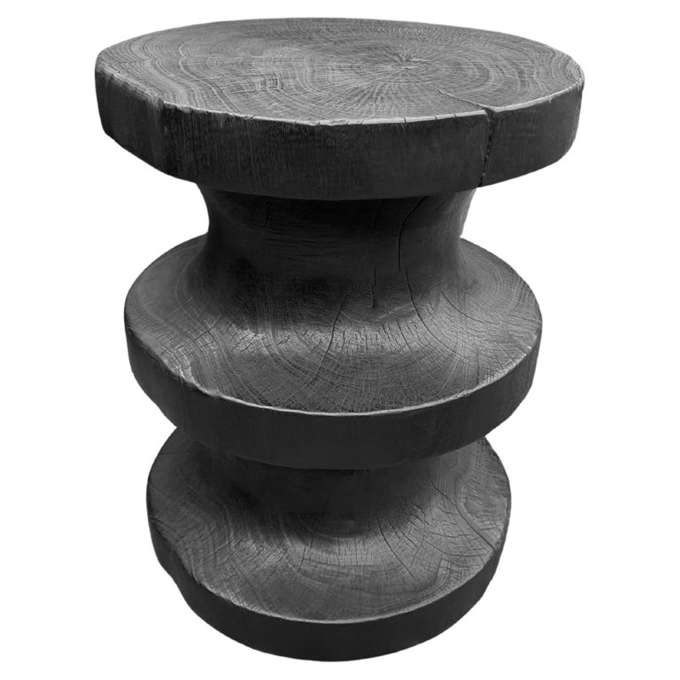 Geometric Mango Wood Side Table Burnt Finish Modern Organic For Sale at