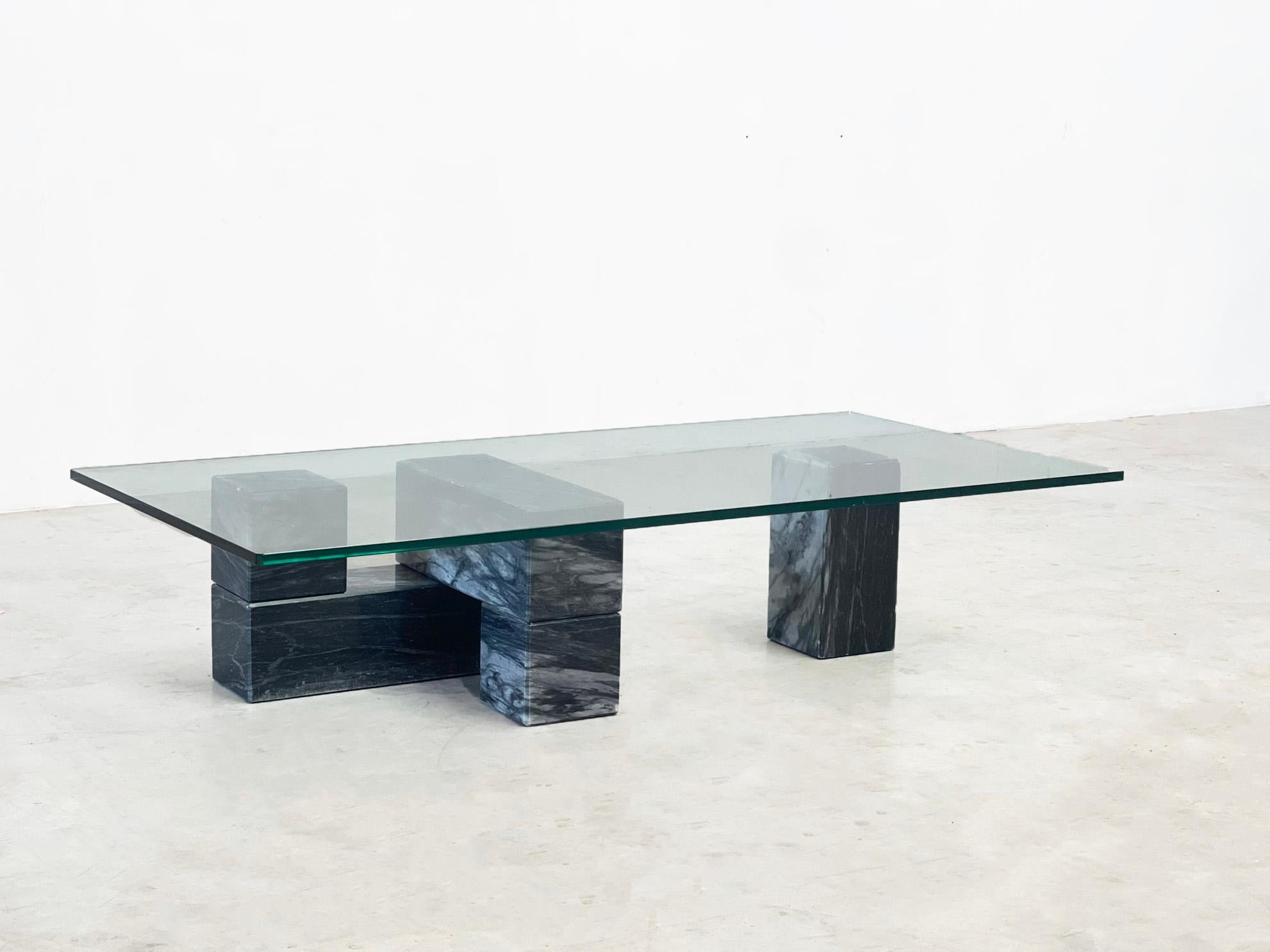 Late 20th Century Geometric marble and glass coffee table For Sale