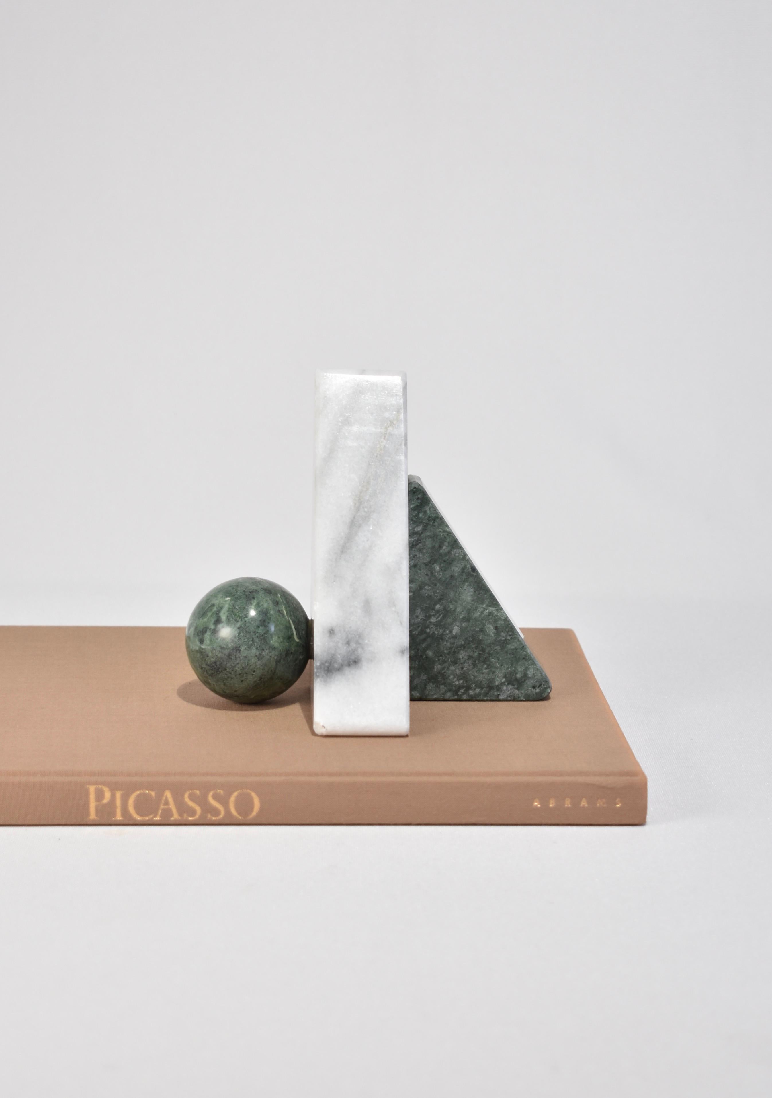 Rare geometric marble bookend set in white marble with grey veining and green marble accents.
