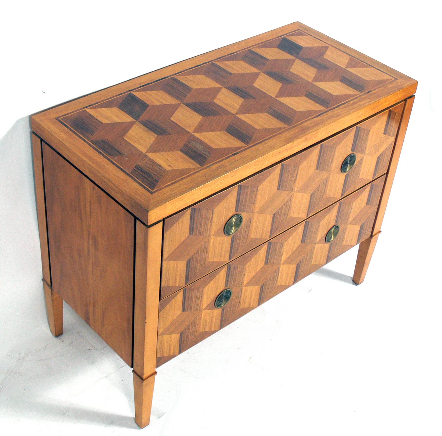 Hollywood Regency Geometric Marquetry Chest by Baker