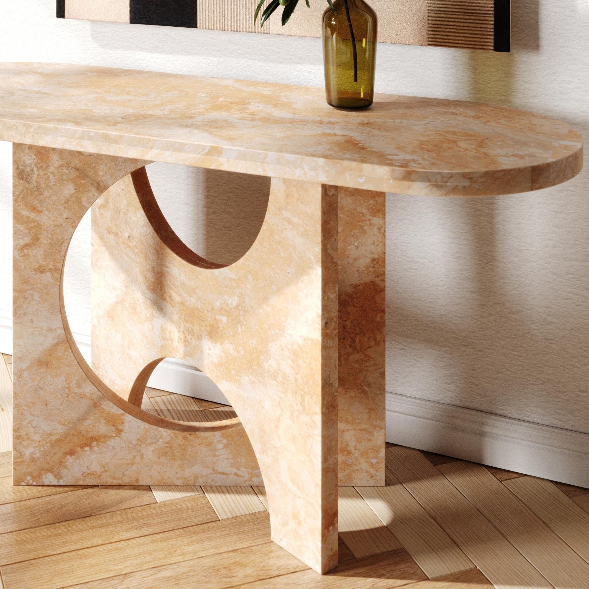 Cross Cut Matte Finishing Travertino Marble Console Table 
Aesthetically strong and inspired by the technical sculptures of Erwin Hauer, it is a dynamic, geometric and fluid console. The interconnection of its geometric plates allows a different